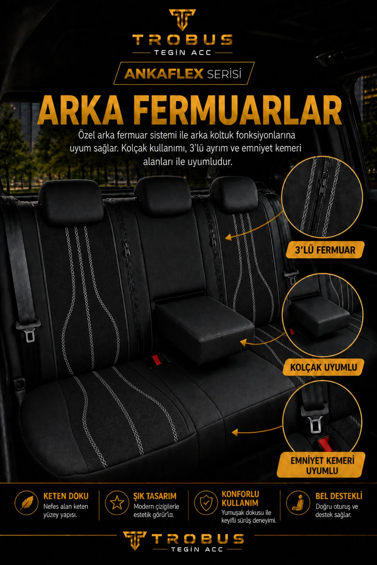 Volkswagen Beetle 2012-2016 Uyumlu ANKAFLEX Bel Destekli Keten Deri Siyah Beyaz Koltuk Kılıfı
