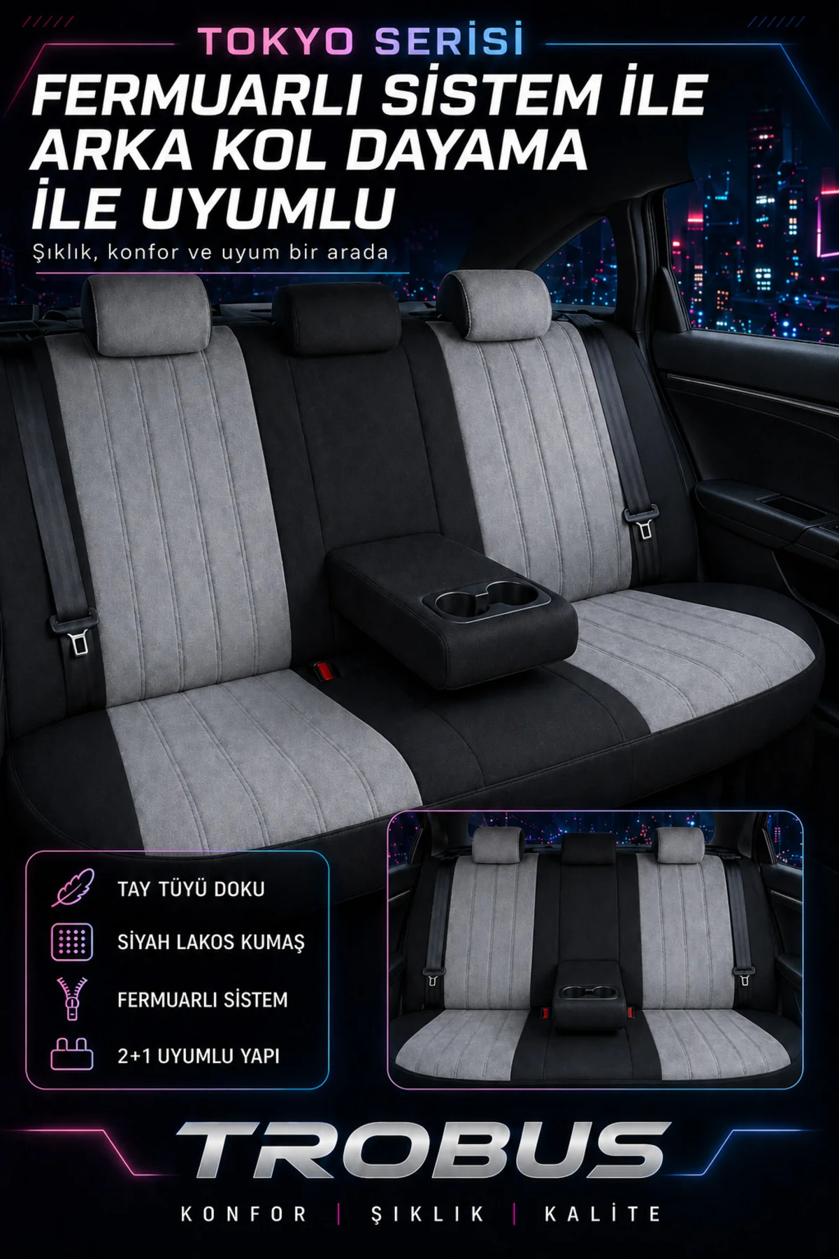 Volkswagen Beetle 2012-2016 Bel Destekli Tay Tüyü Koltuk Kılıfı Tokyo Serisi Gri Siyah