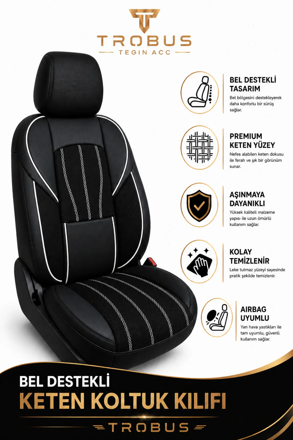 Volkswagen Beetle 2012-2016 Uyumlu ANKAFLEX Bel Destekli Keten Deri Siyah Beyaz Koltuk Kılıfı