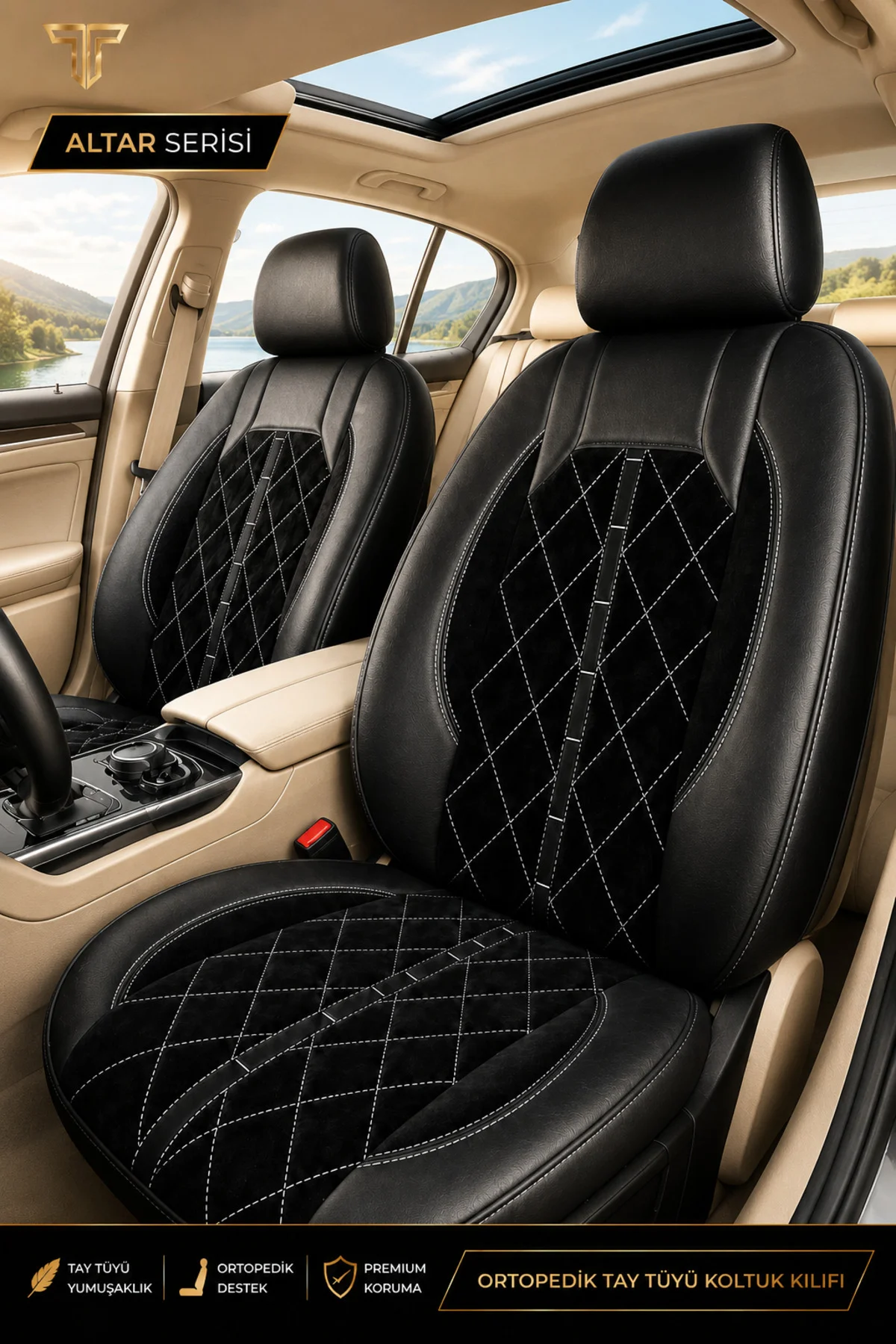 Volkswagen Beetle 2012-2016 Uyumlu Altar Serisi Tay Tüyü Siyah Beyaz Premium Koltuk Kılıfı