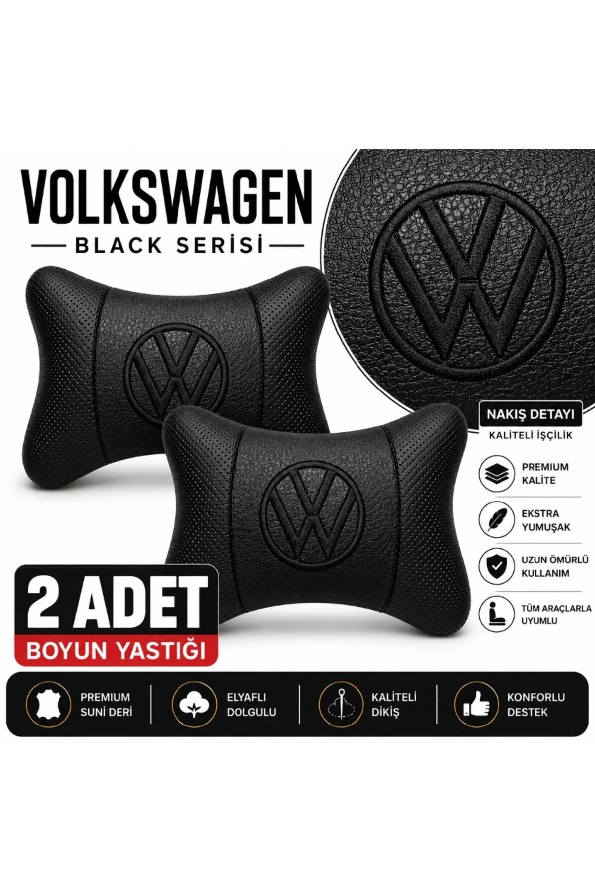 Volkswagen Black Serisi 4 Parça Oto Boyun Yastığı ve Emniyet Kemer Pedi Seti – 2 Yastık + 2 Kemer Pedi, Siyah Nakışlı - Görsel 3