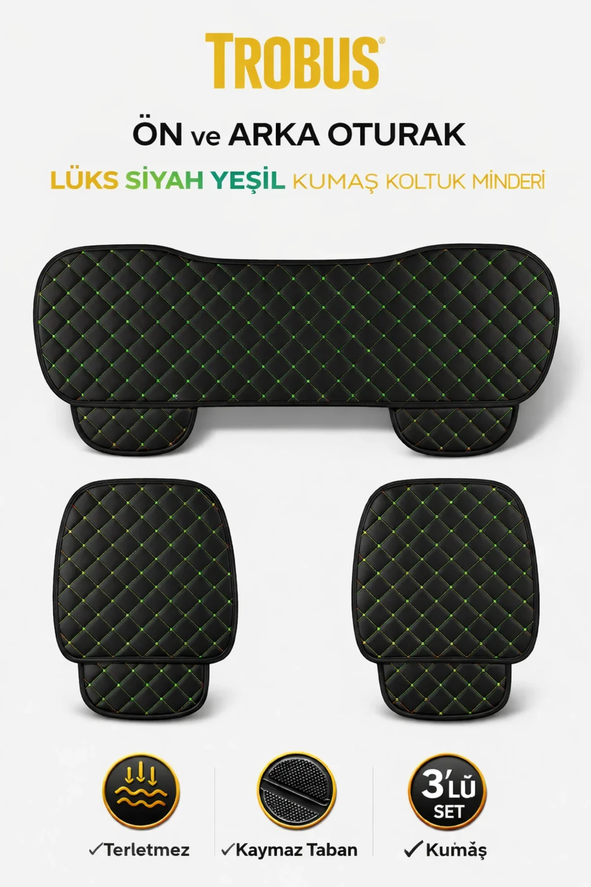 Volkswagen Caddy Uyumlu 3 Parça Kapitone Kumaş Minder Siyah Yeşil Volkswagen Caddy Uyumlu 3 Parça Kapitone Kumaş Minder Siyah Yeşil