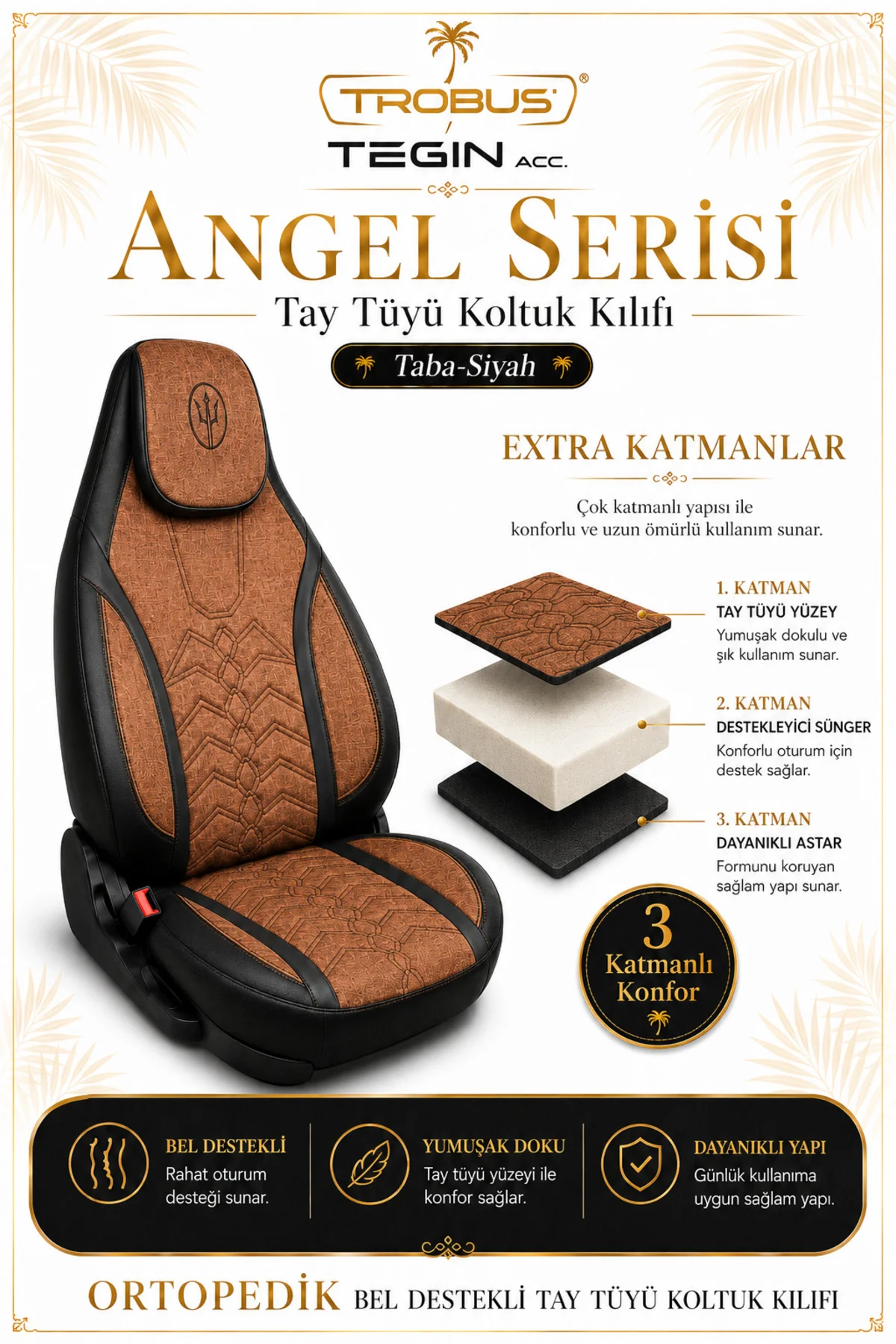 Volkswagen Golf 2003 ve Sonrası Uyumlu Angel Serisi Tay Tüyü Koltuk Kılıfı Taba Siyah