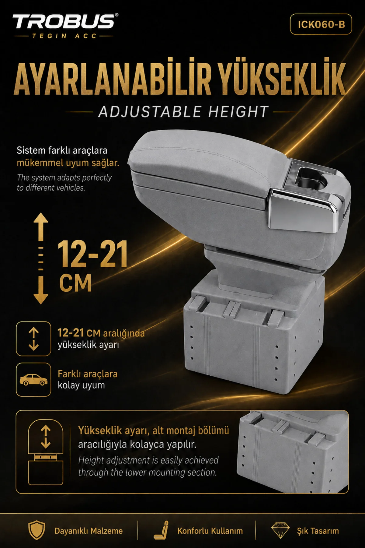 Volkswagen Golf 4 1997-2004 Uyumlu Premium Gri Sürgülü Ayarlanabilir Ayaklı Kolçak Kol Dayama Fiyatı, Yorumları ve Özellikleri
