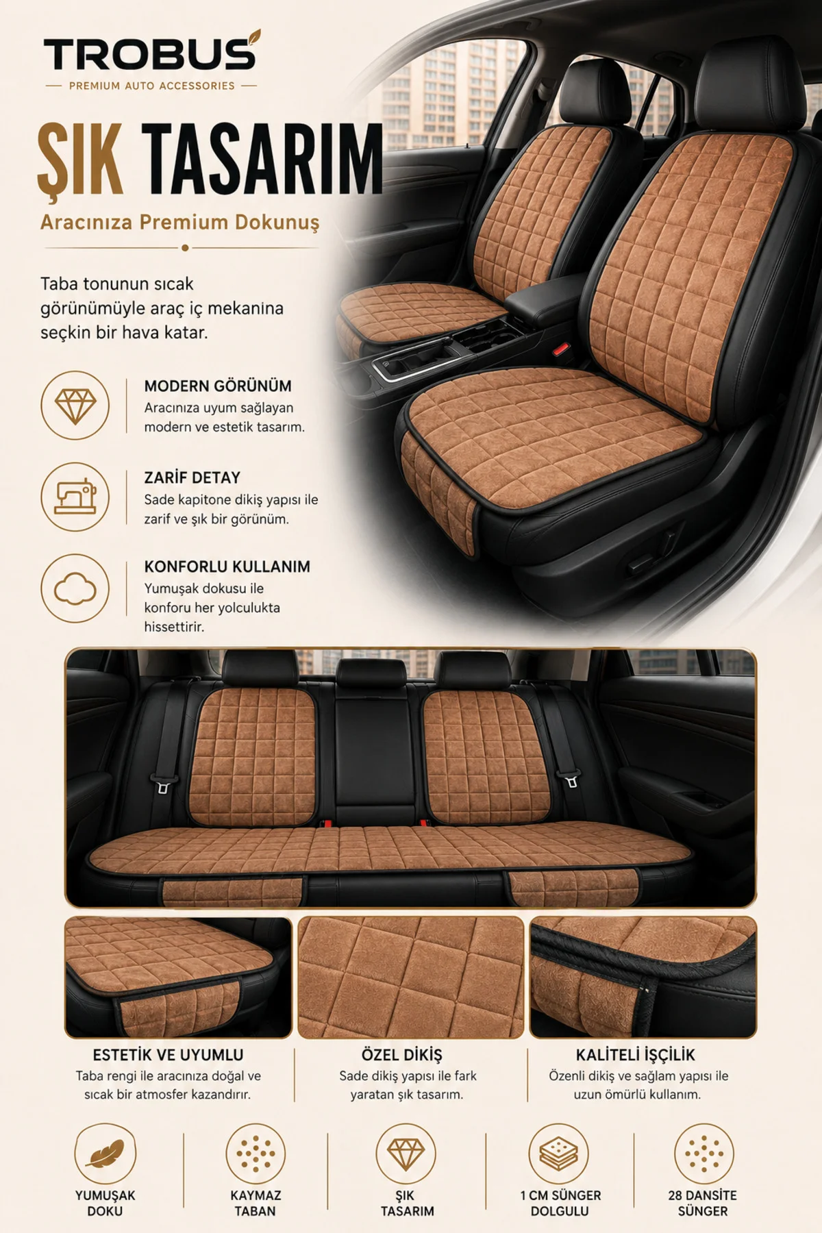 Volkswagen Golf 6 Conforline-Hidline 2008-2012 Uyumlu Soft Alkantra Oto Koltuk Minderi Taba