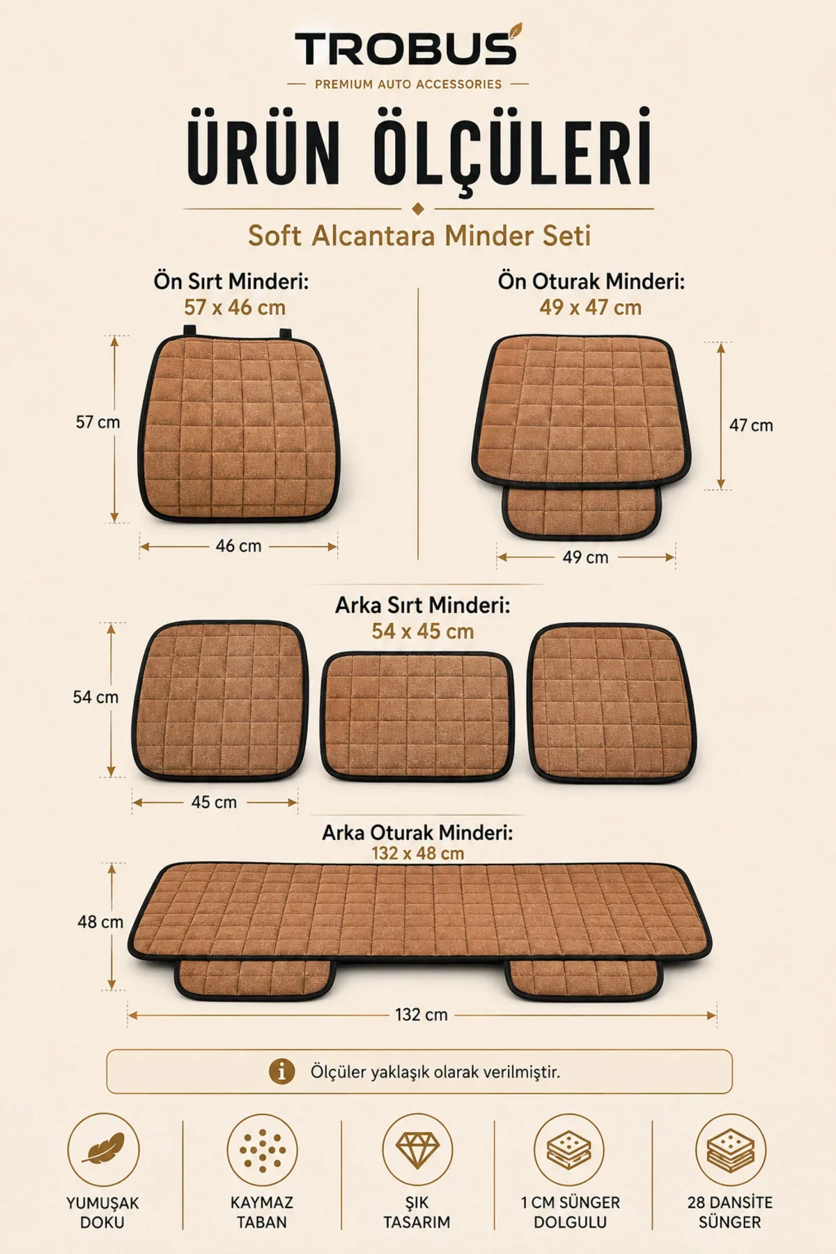 Volkswagen Golf 6 Conforline-Hidline 2008-2012 Soft Alcantara 7'li Oto Koltuk Minderi Taba Siyah - Görsel 4