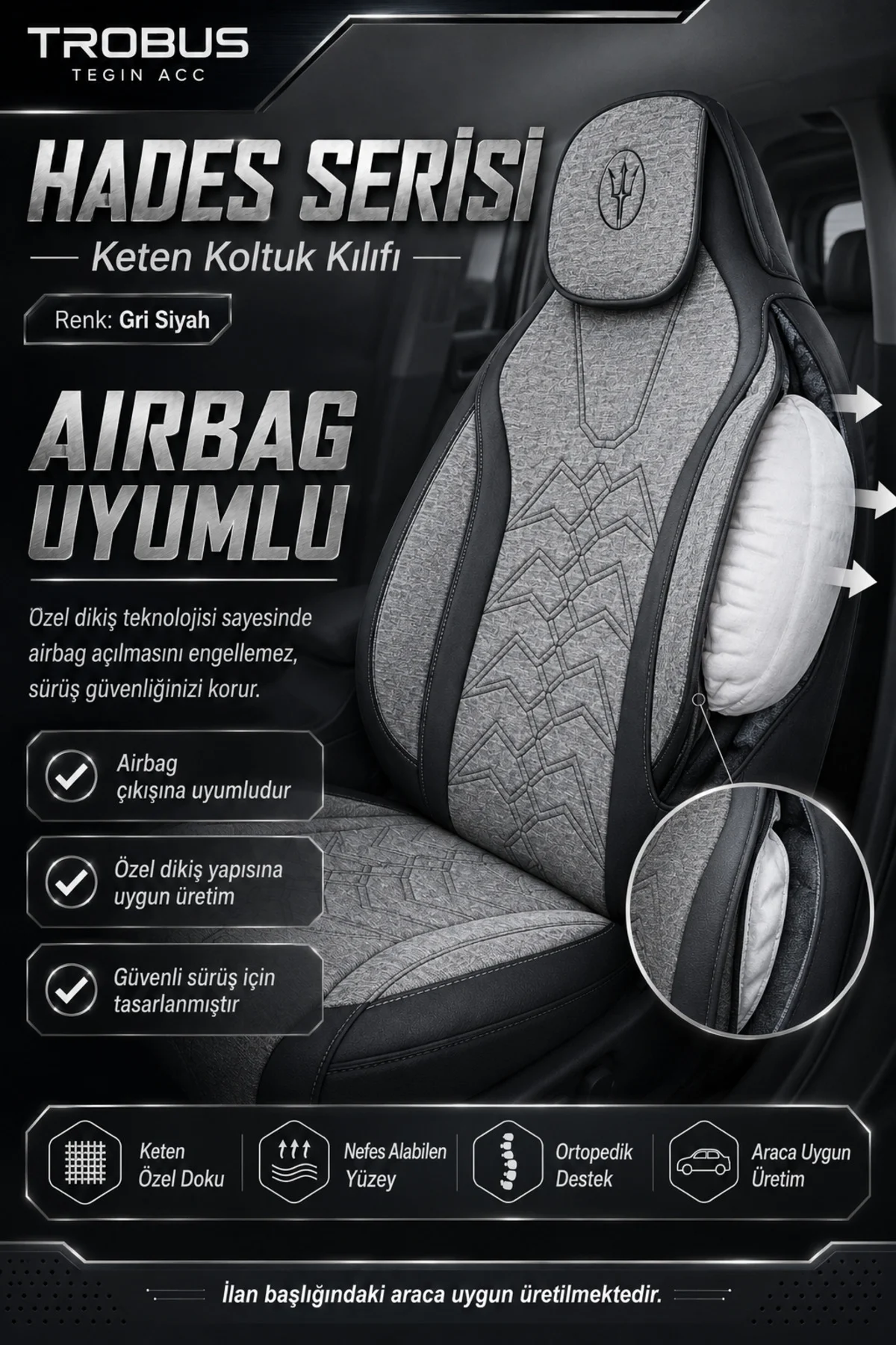 Volkswagen Golf 6 Tridline 2008-2012 Uyumlu Hades Serisi Keten Oto Koltuk Kılıfı Gri Siyah Volkswagen Golf 6 Tridline 2008-2012 Uyumlu Hades Serisi Keten Oto Koltuk Kılıfı Gri Siyah