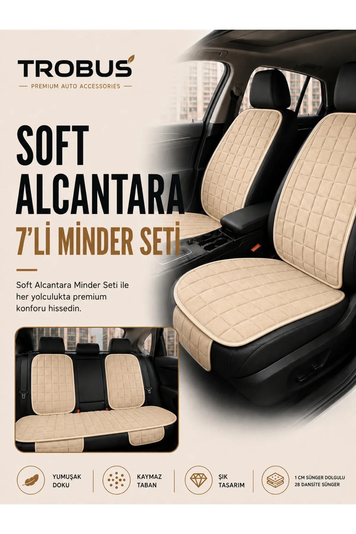 Volkswagen Golf 7 Conforline-Hidline 2013-2020 Soft Alcantara 7'li Oto Koltuk Minderi Bej Volkswagen Golf 7 Conforline-Hidline 2013-2020 Soft Alcantara 7'li Oto Koltuk Minderi Bej