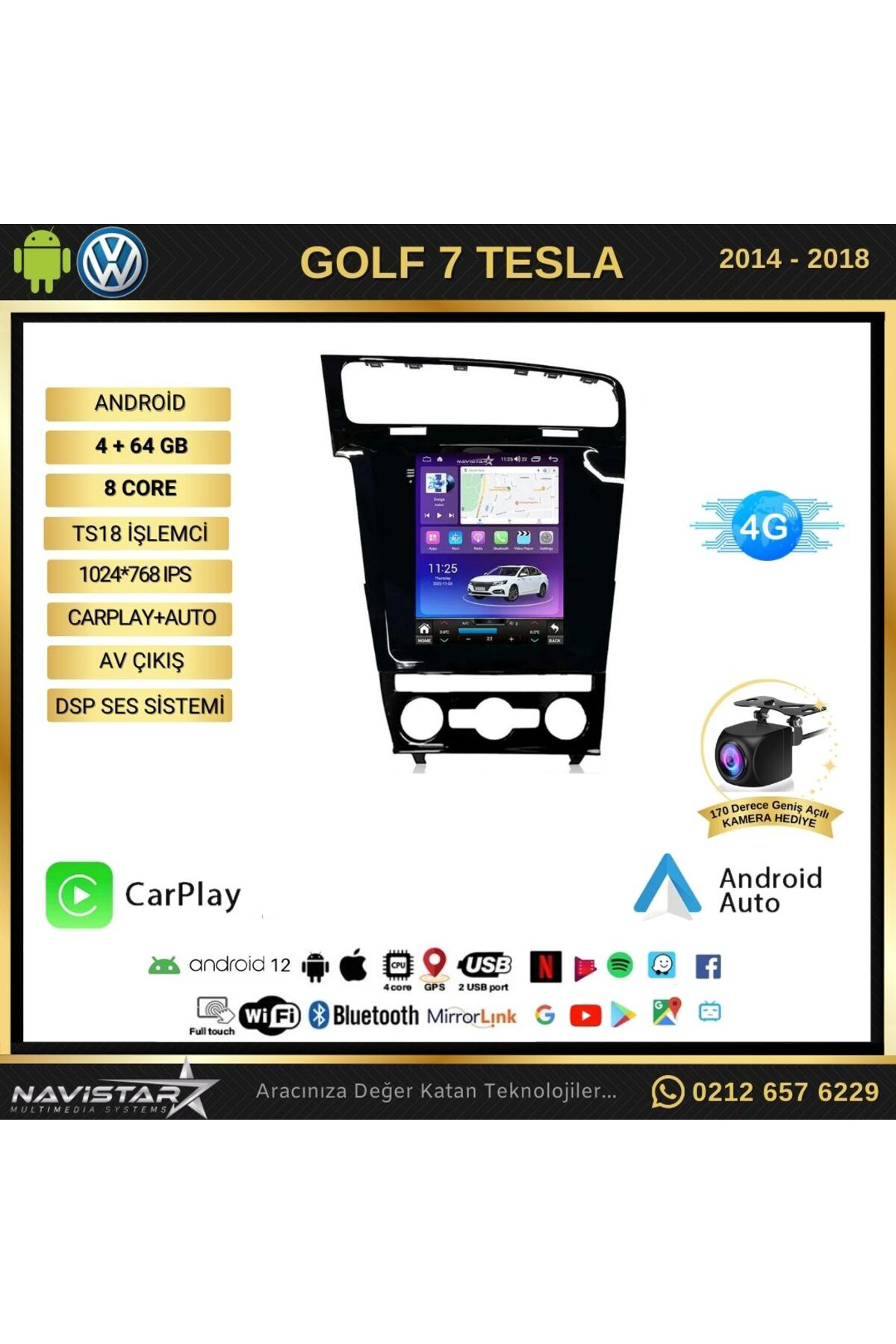 Volkswagen Golf 7 Tesla 4gb 64gb 2014-2018 Model Kablosuz Carplay Volkswagen Golf 7 Tesla 4gb 64gb 2014-2018 Model Kablosuz Carplay