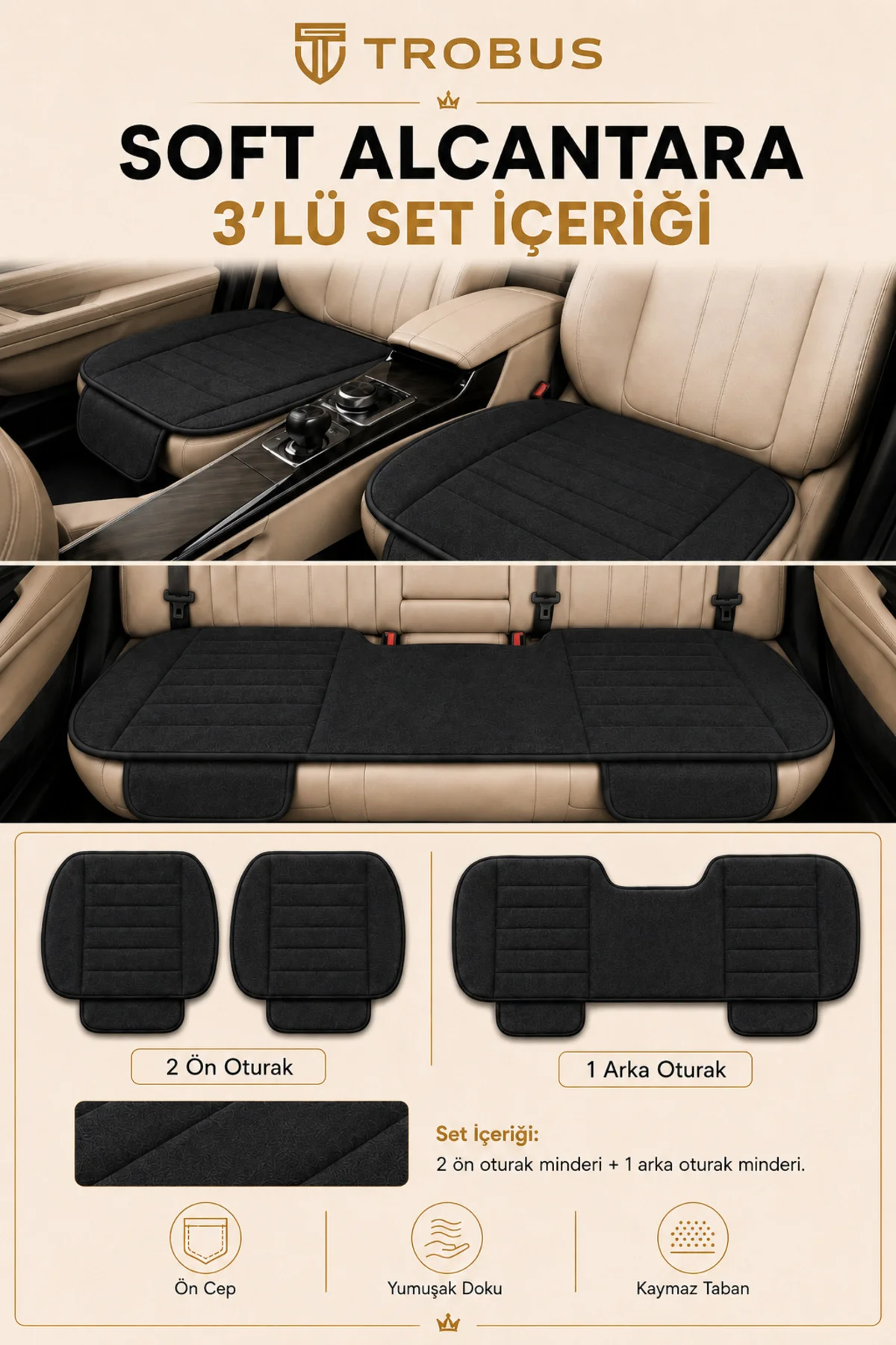 Volkswagen Golf 7 Tridline 2013-2020 Soft Alkantara Çizgili Baby Face 3'lü Oturak Minderi Siyah Fiyatı, Yorumları ve Özellikleri