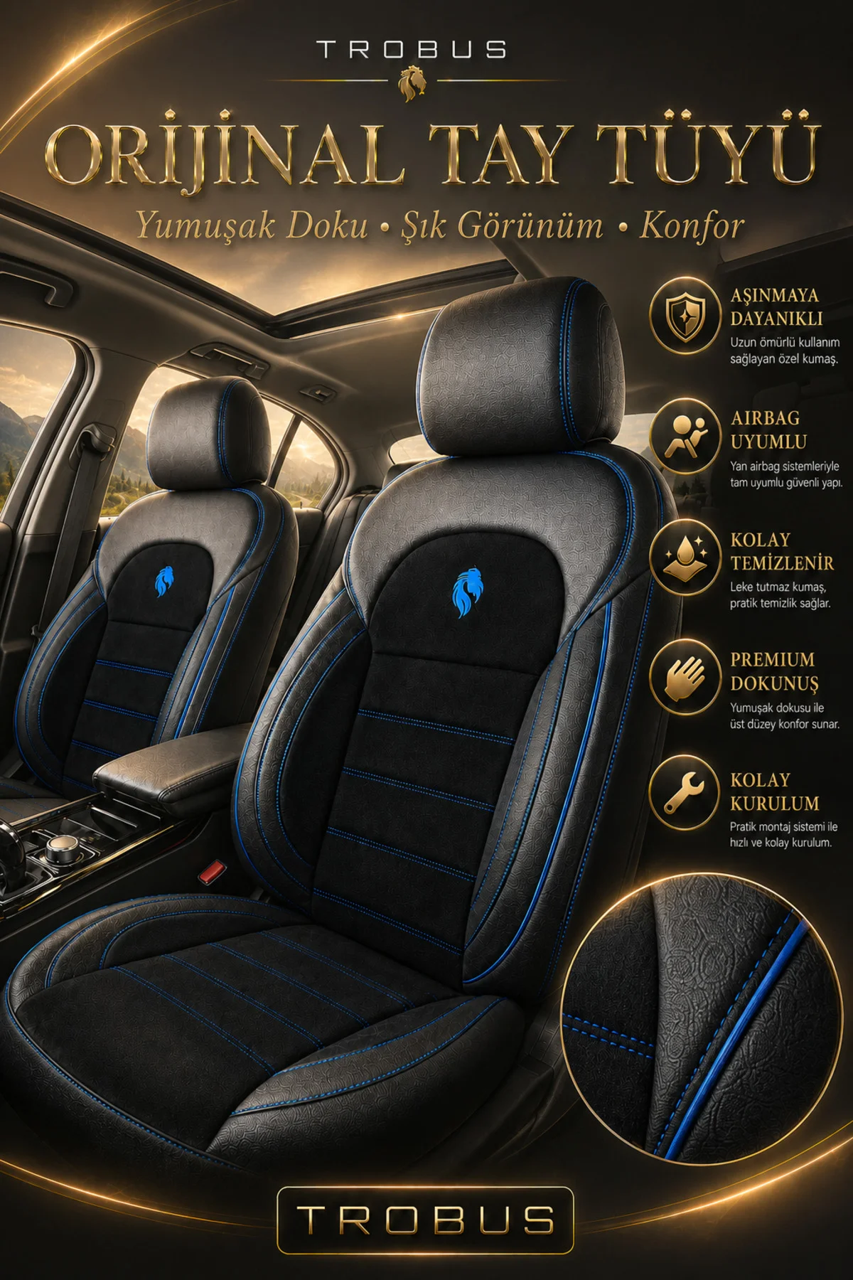 Volkswagen Golf 7 ve 7.5 Kasa 2013-2020 Uyumlu Lion Serisi Tay Tüyü Mavi Premium Koltuk Kılıfı Fiyatı, Yorumları ve Özellikleri