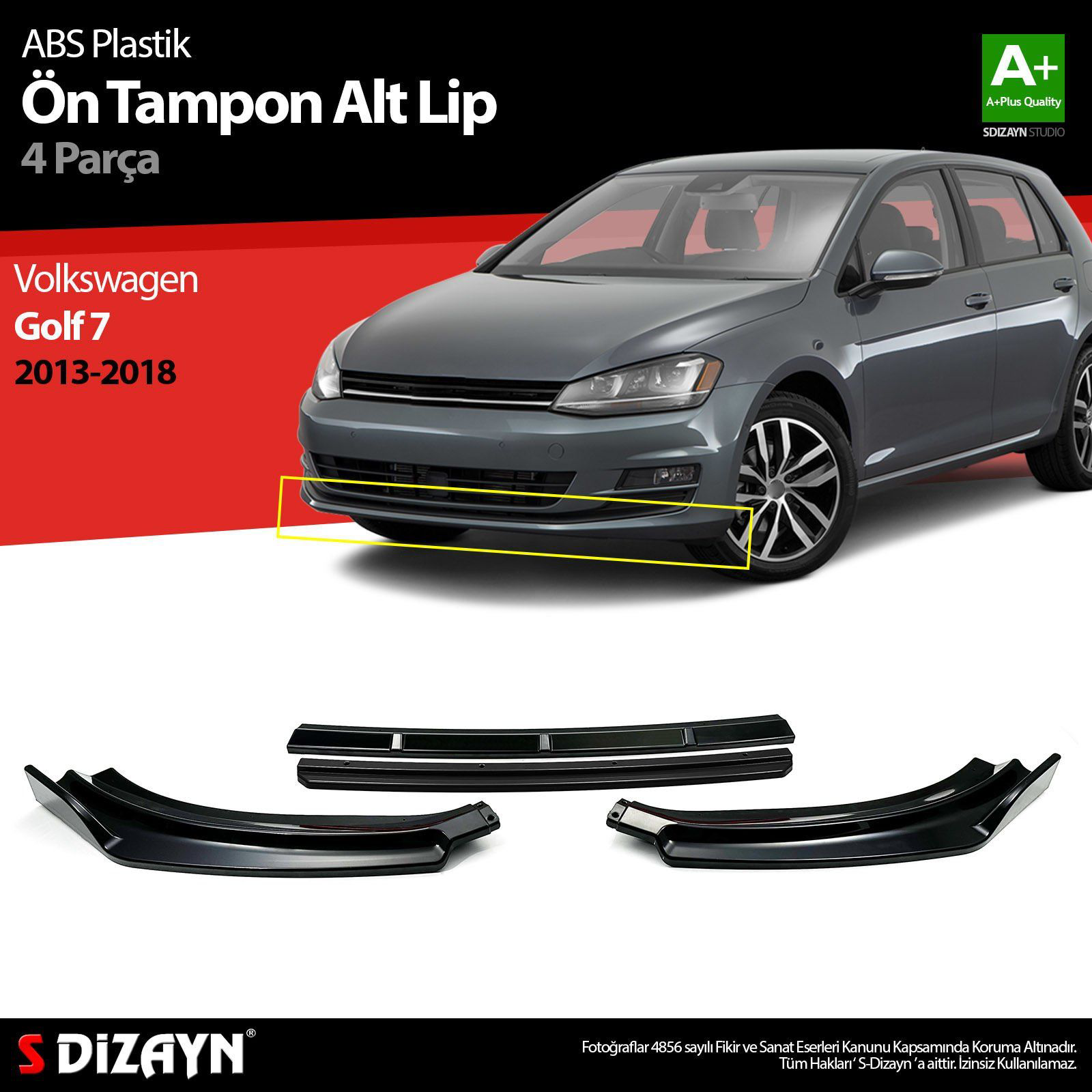 Volkswagen Golf Uyumlu 7 ABS Plastik Ön Tampon Alt Lip Siyah Ekli