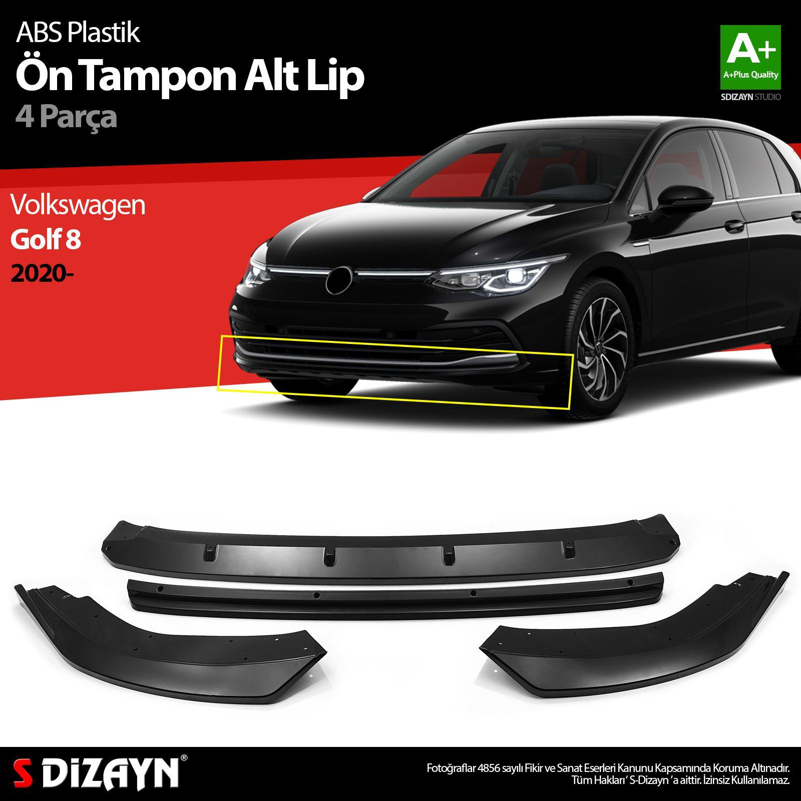 Volkswagen Golf Uyumlu 8 ABS Plastik Ön Tampon Alt Lip Siyah Ekli