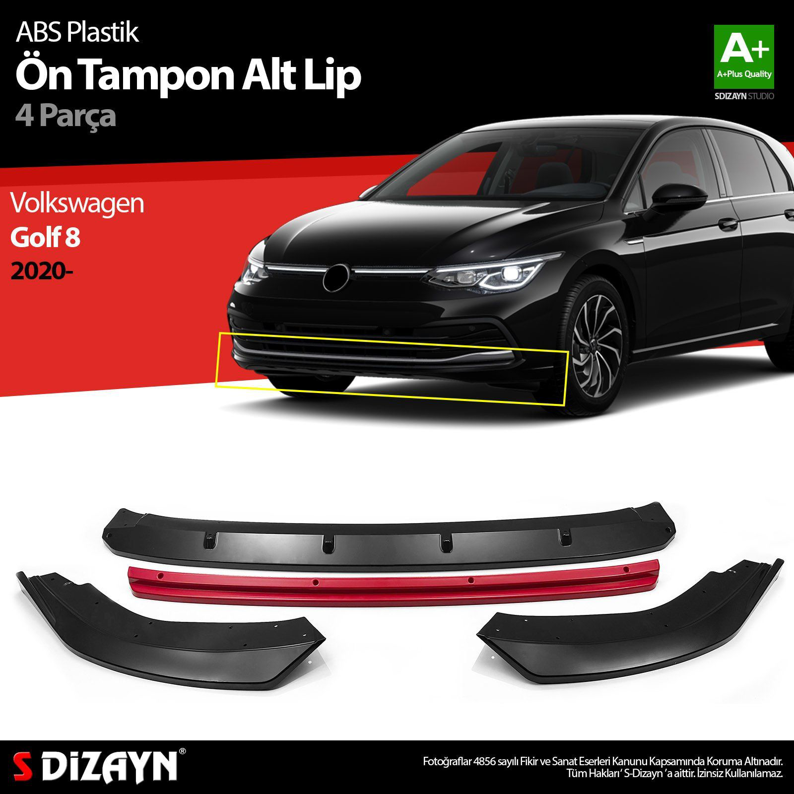 Volkswagen Golf Uyumlu 8 ABS Plastik Ön Tampon Alt Lip Kırmızı Ek