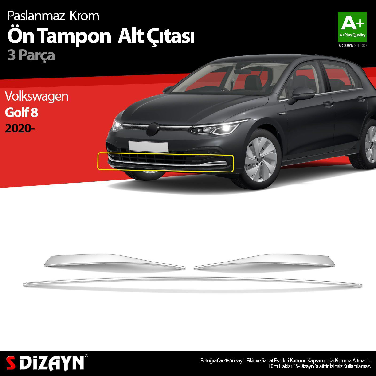 Volkswagen Golf Uyumlu 8 Hatchback Krom Ön Tampon Alt Çıtası 3 Pa