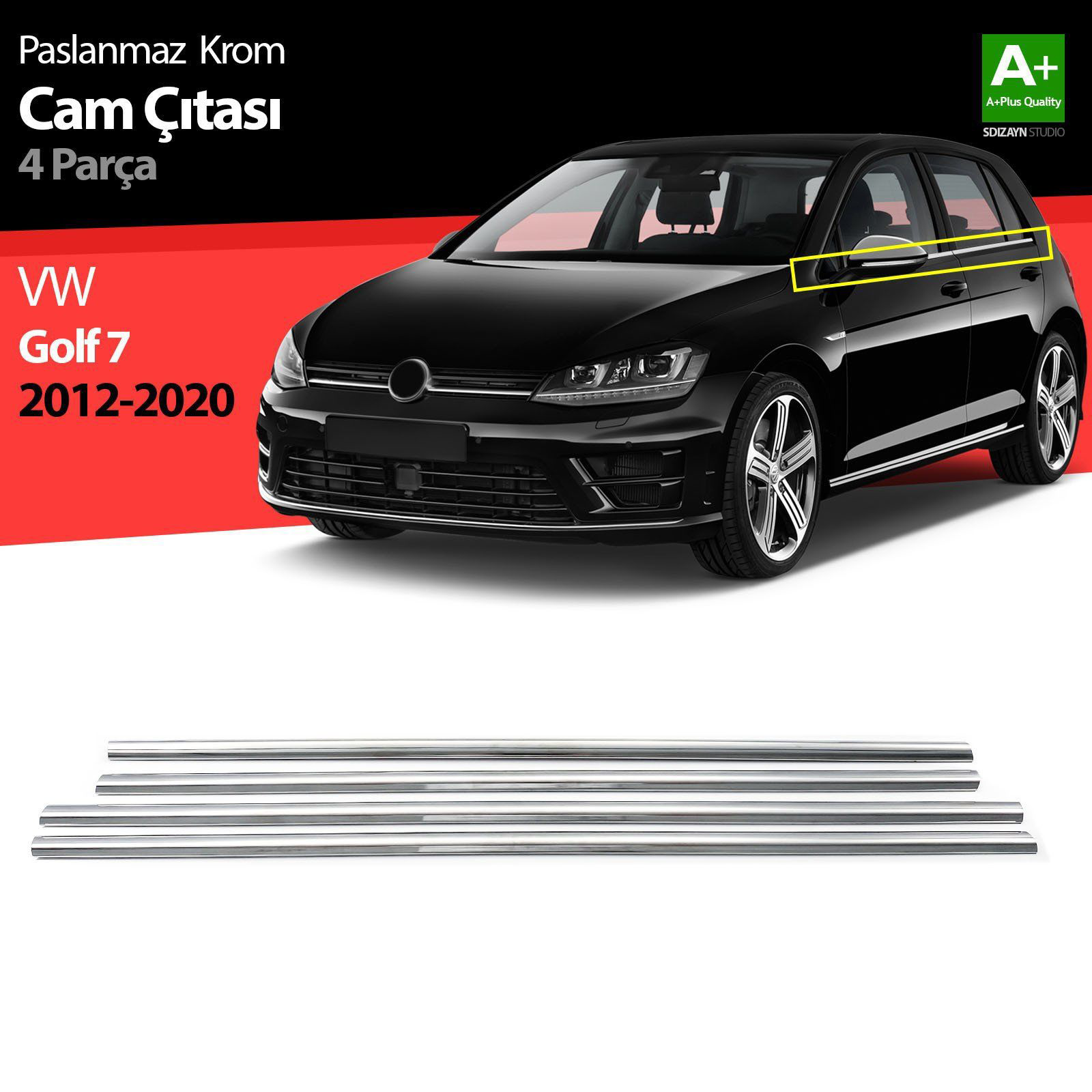 Volkswagen Golf Uyumlu 7 Krom Cam Çıtası 4 Parça 2013-2020 Volkswagen Golf Uyumlu 7 Krom Cam Çıtası 4 Parça 2013-2020