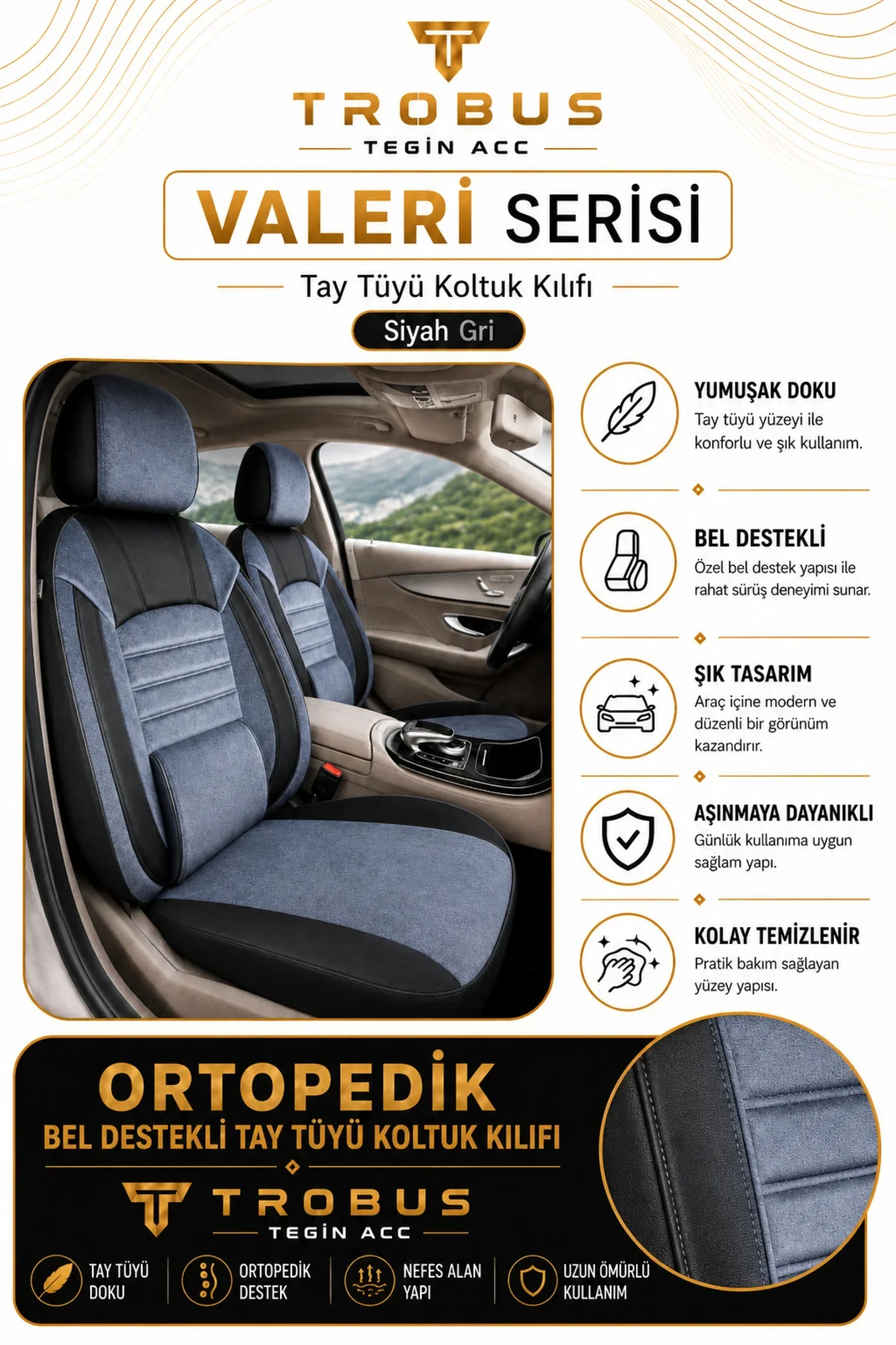 Volkswagen Jetta 1984-1992 Uyumlu Valeria Serisi Bordo Siyah Bel Destekli Tay Tüyü Koltuk Kılıfı - Görsel 2