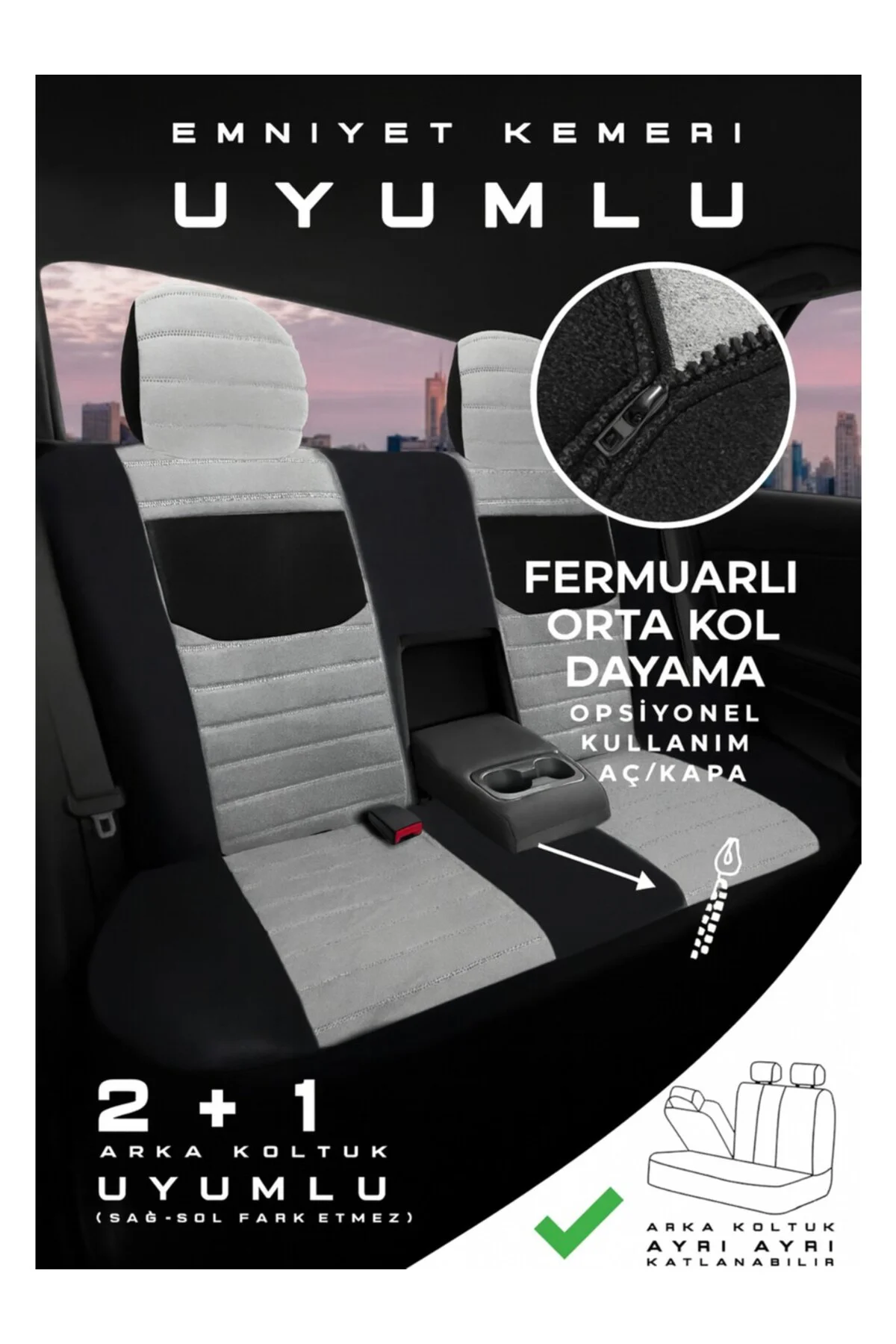 Volkswagen Jetta Conforline - Sedan 2012-2020 Uyu Tegin Natura Serisi Raşel Gri Siyah Koltuk Kılıfı