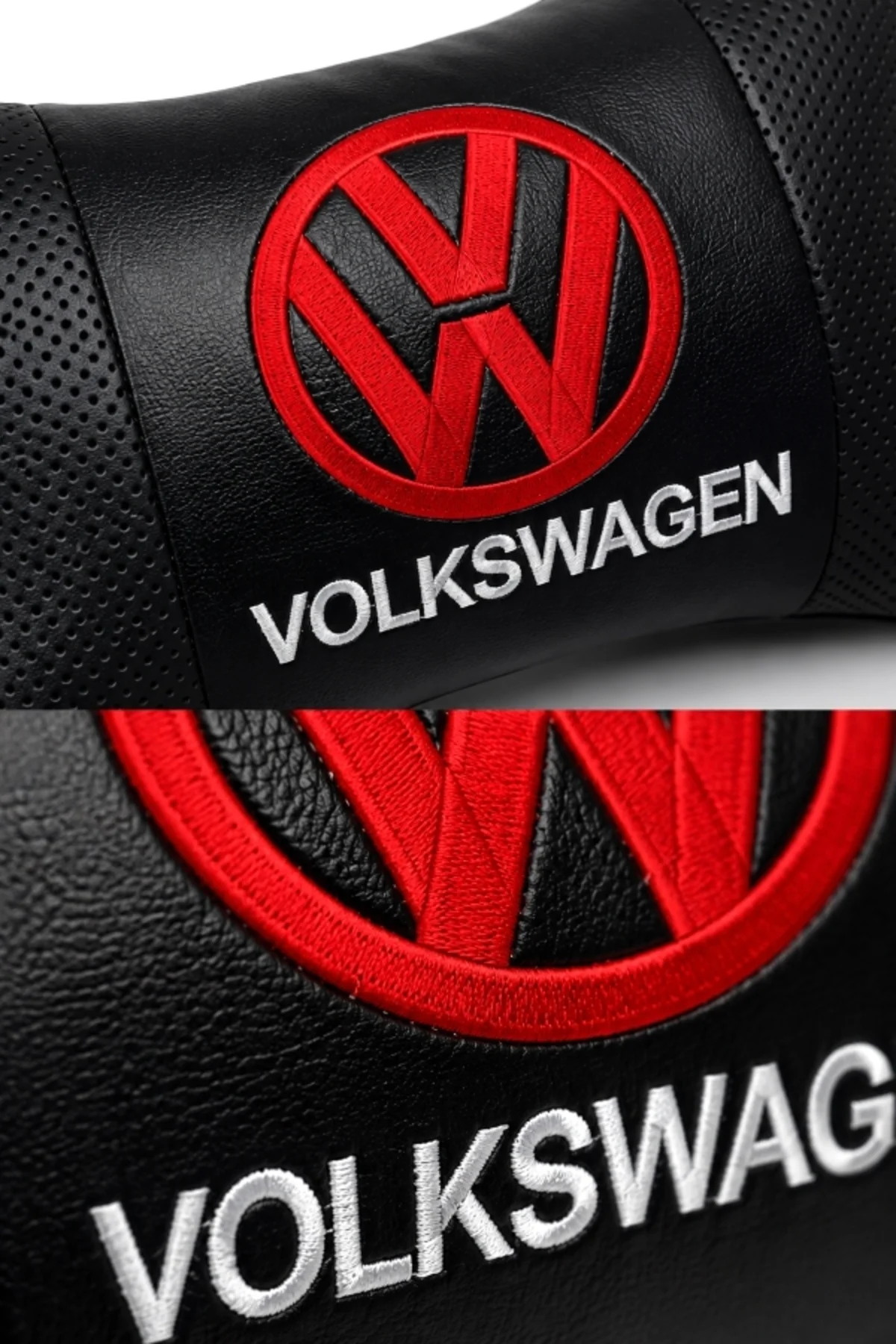 Volkswagen Kırmızı Logo 2 Adet Boyun Yastığı + 2 Adet Emniyet Kemeri Pedi Seti – Kırmızı Logo Beyaz Nakışlı Siyah Suni Deri Oto Aksesuar - Görsel 2