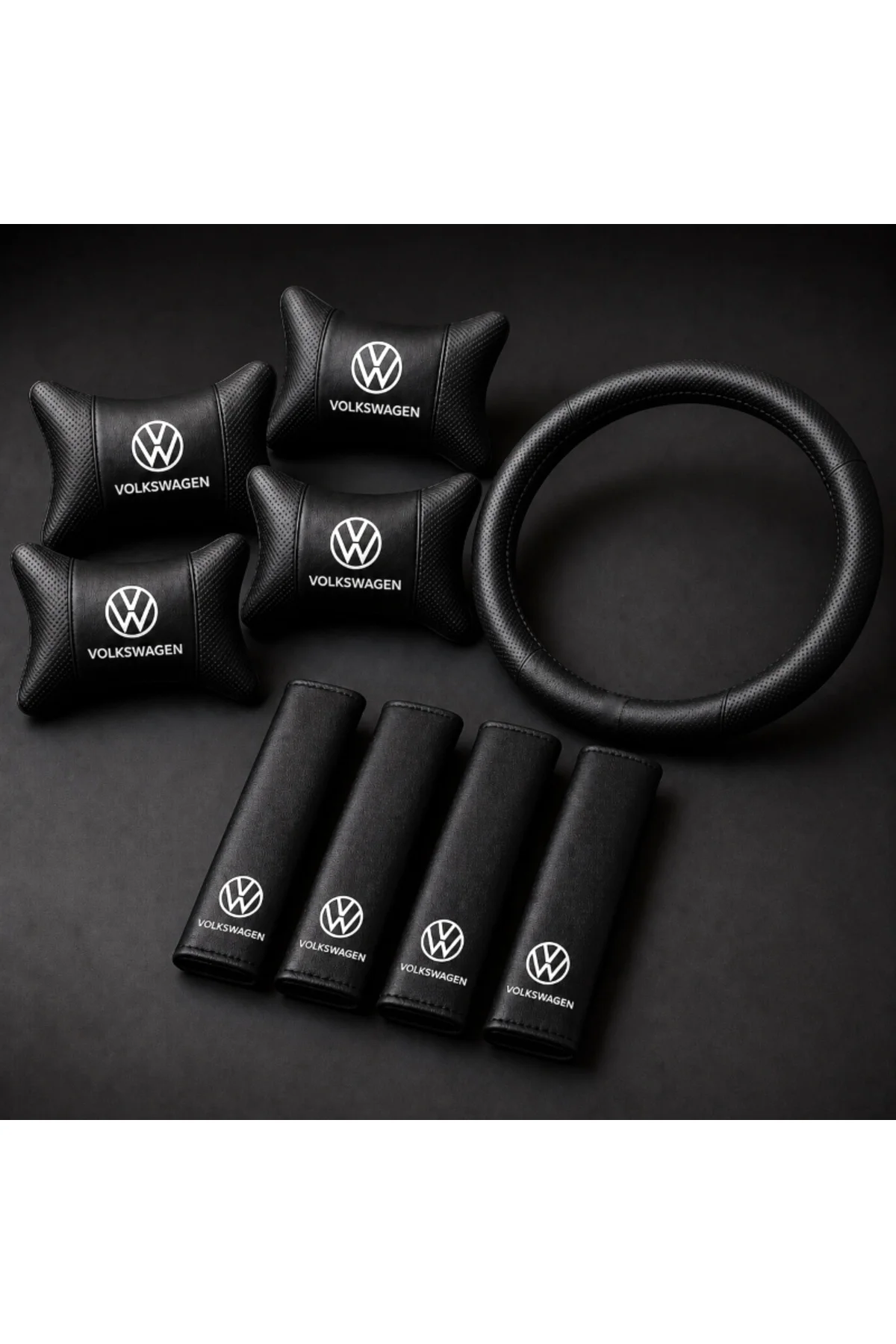 Volkswagen Logolu 9 Parça Oto Boyun Yastığı Kemer Pedi ve Direksiyon Kılıfı Seti Siyah Deri Görünümlü Universal Araç İçi Konfor Seti - Görsel 2