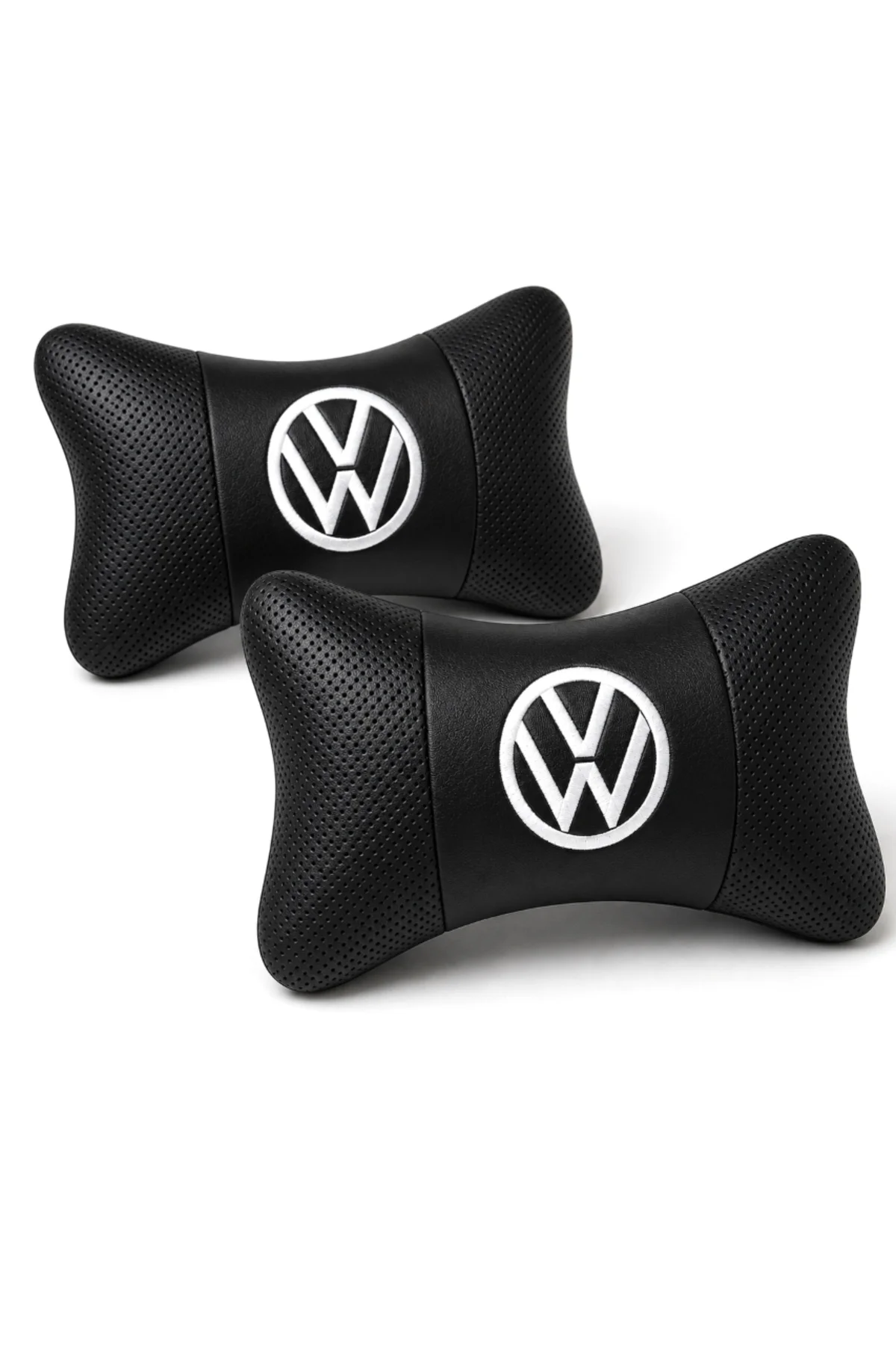 Volkswagen Nakışlı Sade Logo Oto Boyun Yastığı 2’li Set Siyah Delikli Deri Ortapedik Araç Koltuk Başlık Yastığı - Görsel 2