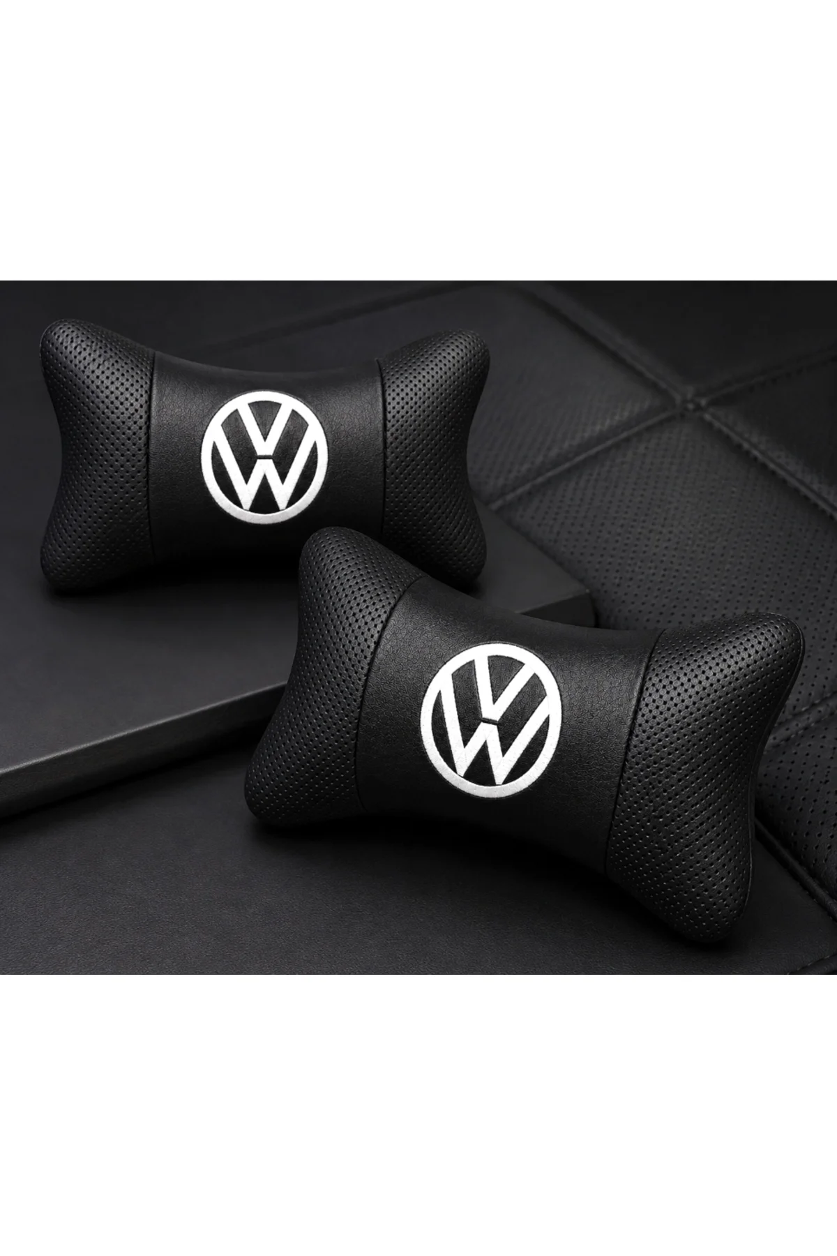 Volkswagen Nakışlı Sade Logo Oto Boyun Yastığı 2’li Set Siyah Delikli Deri Ortapedik Araç Koltuk Başlık Yastığı - Görsel 3