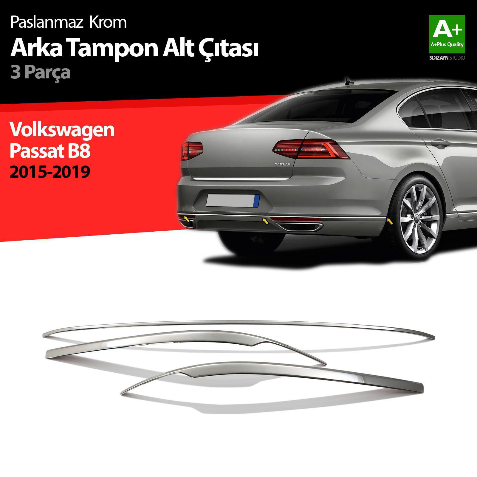 Volkswagen Passat Uyumlu B8 Krom Arka Tampon Alt Çıtası 3 Parça 2