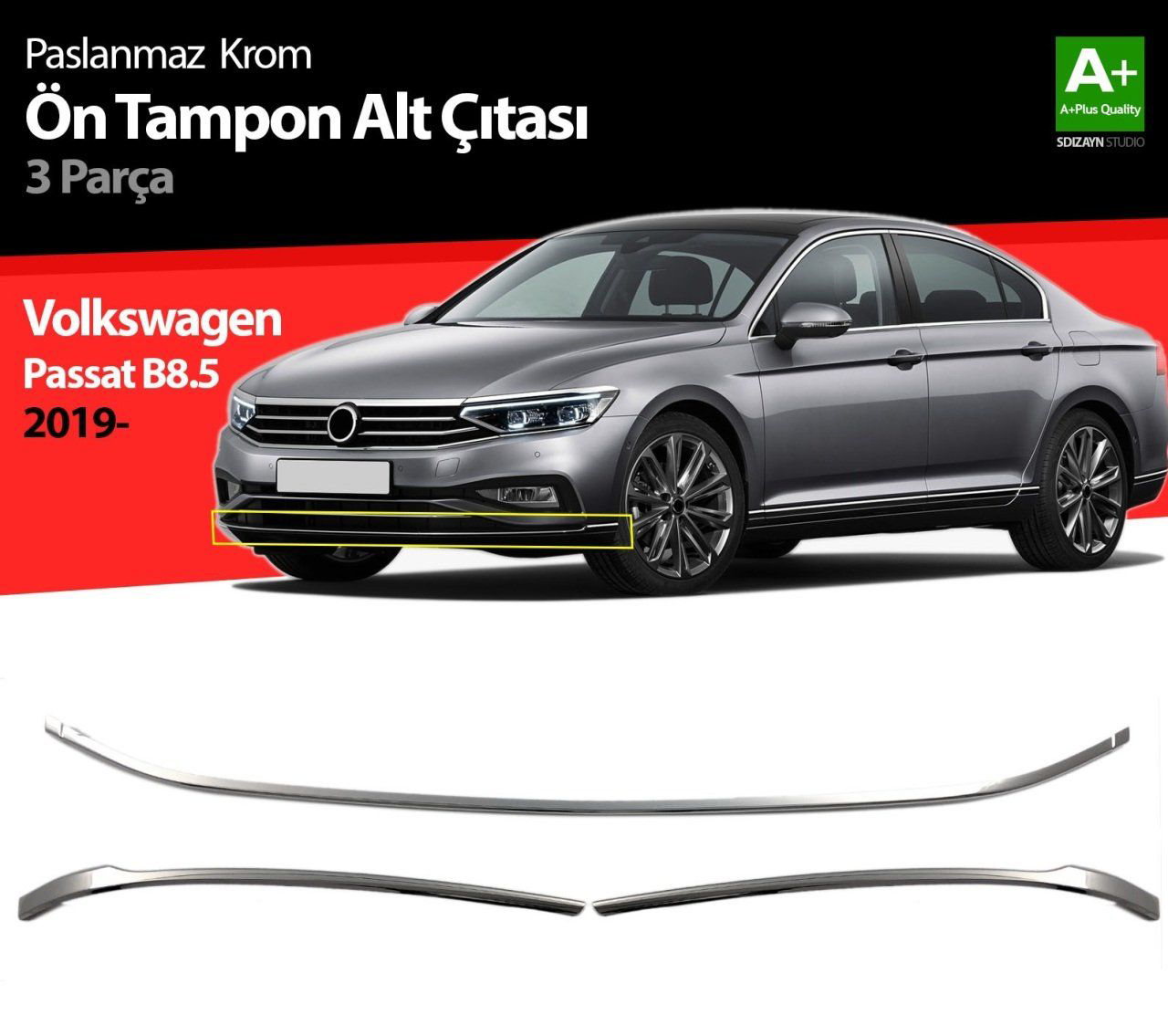 Volkswagen Passat Uyumlu B8.5 Krom Ön Tampon Alt Çıtası 3 Parça 2