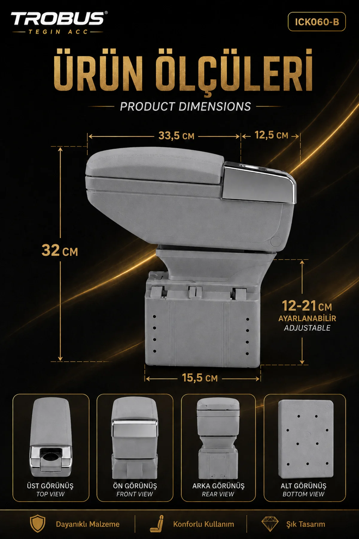 Volkswagen Passat B5 1996-2005 Uyumlu Premium Gri Sürgülü Ayarlanabilir Ayaklı Kolçak