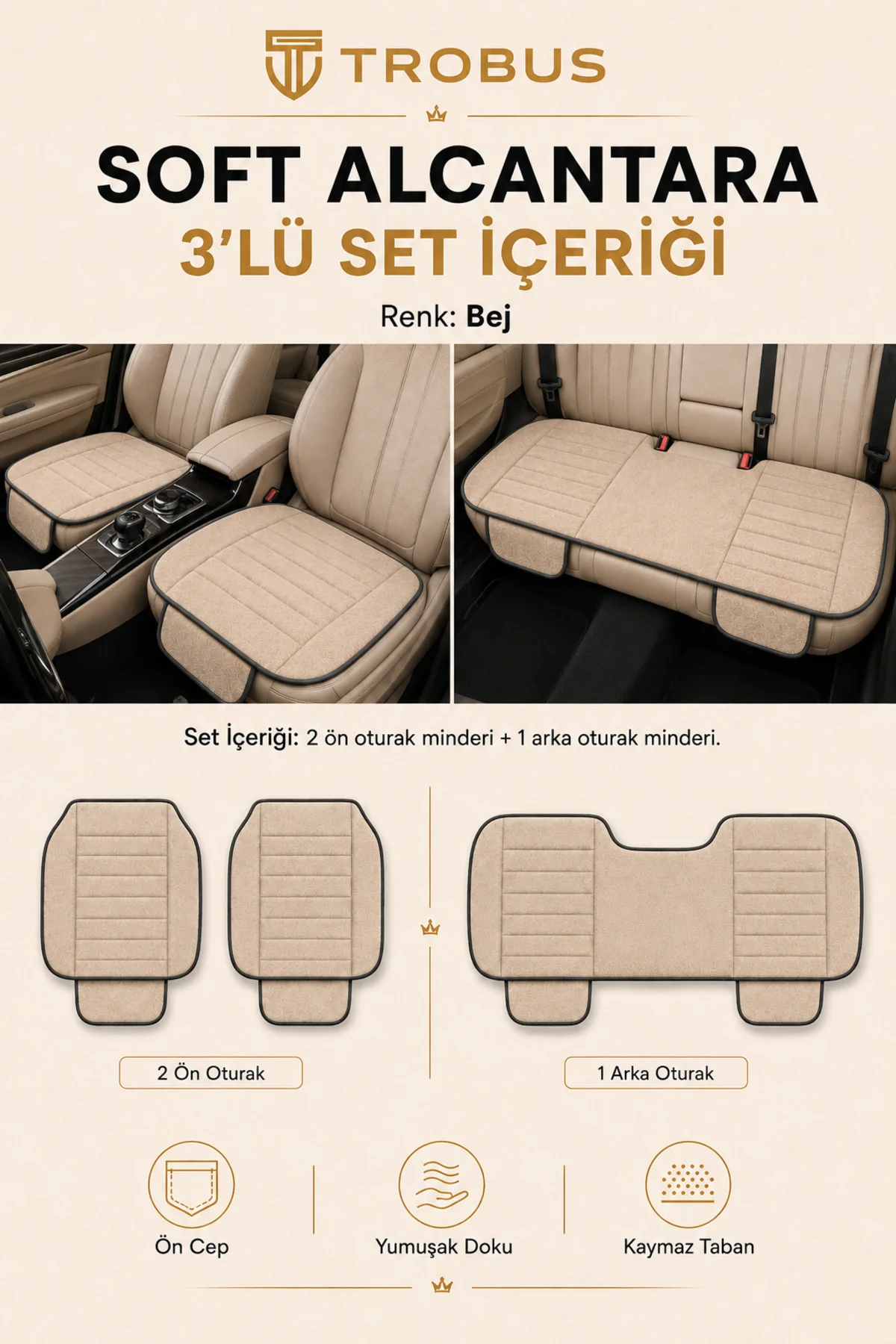 Volkswagen Passat B8 Confortline 2015+ Soft Alkantara 3'lü Oturak Minderi Bej Siyah Fiyatı, Yorumları ve Özellikleri