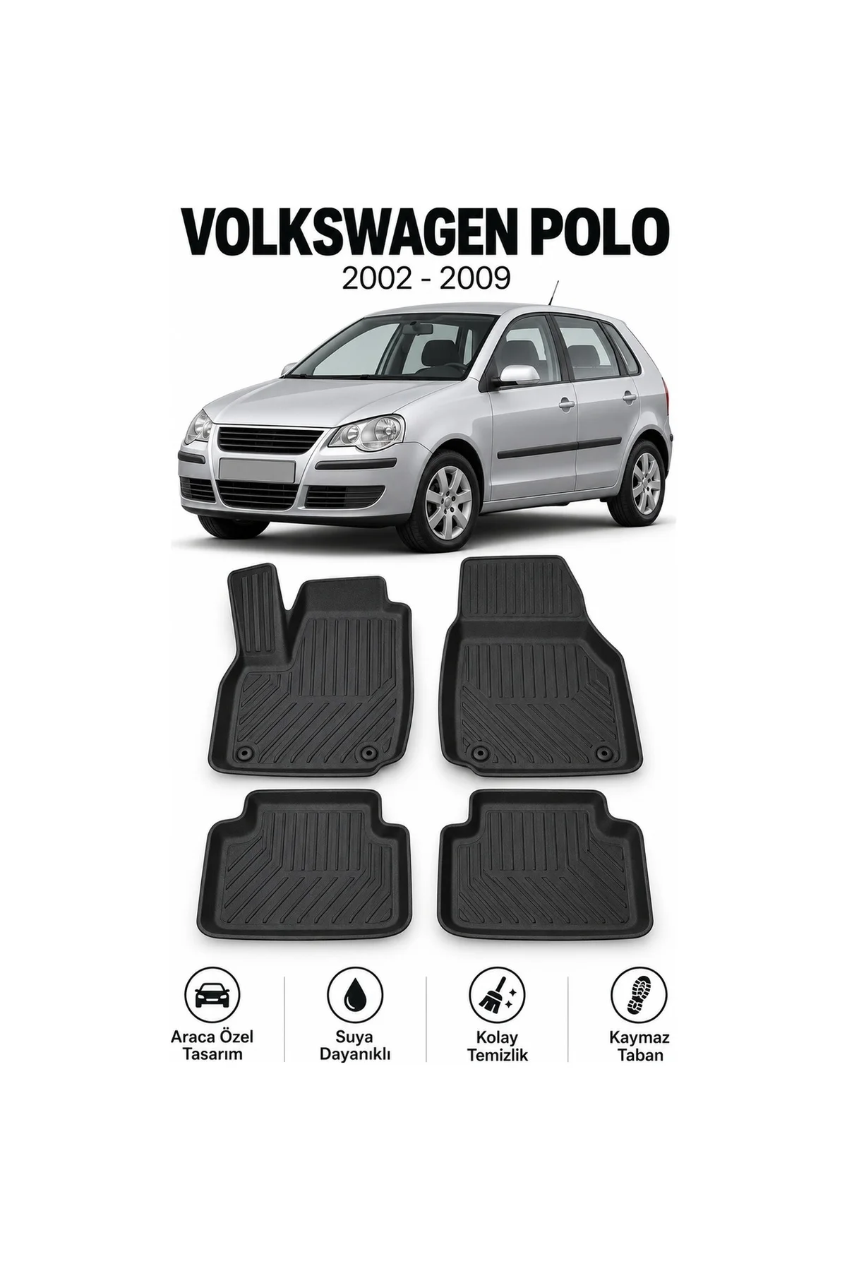 Volkswagen Polo 2002-2009 Karbon Desenli Premium 3D Havuzlu Oto Paspas