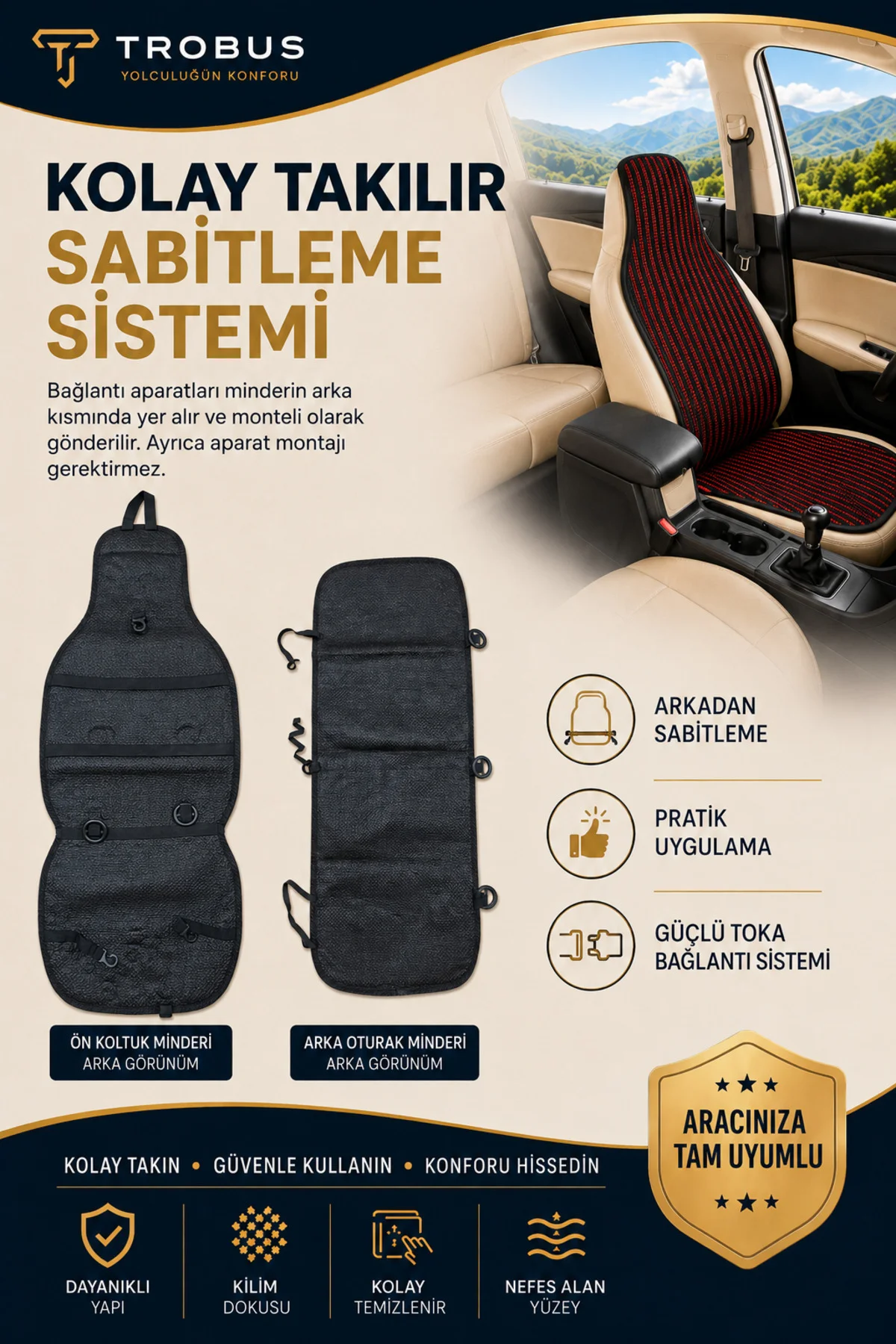 Volkswagen Polo 2009 ve Sonrası Uyumlu Örme Kilim 3 Parça Minder Siyah Kırmızı