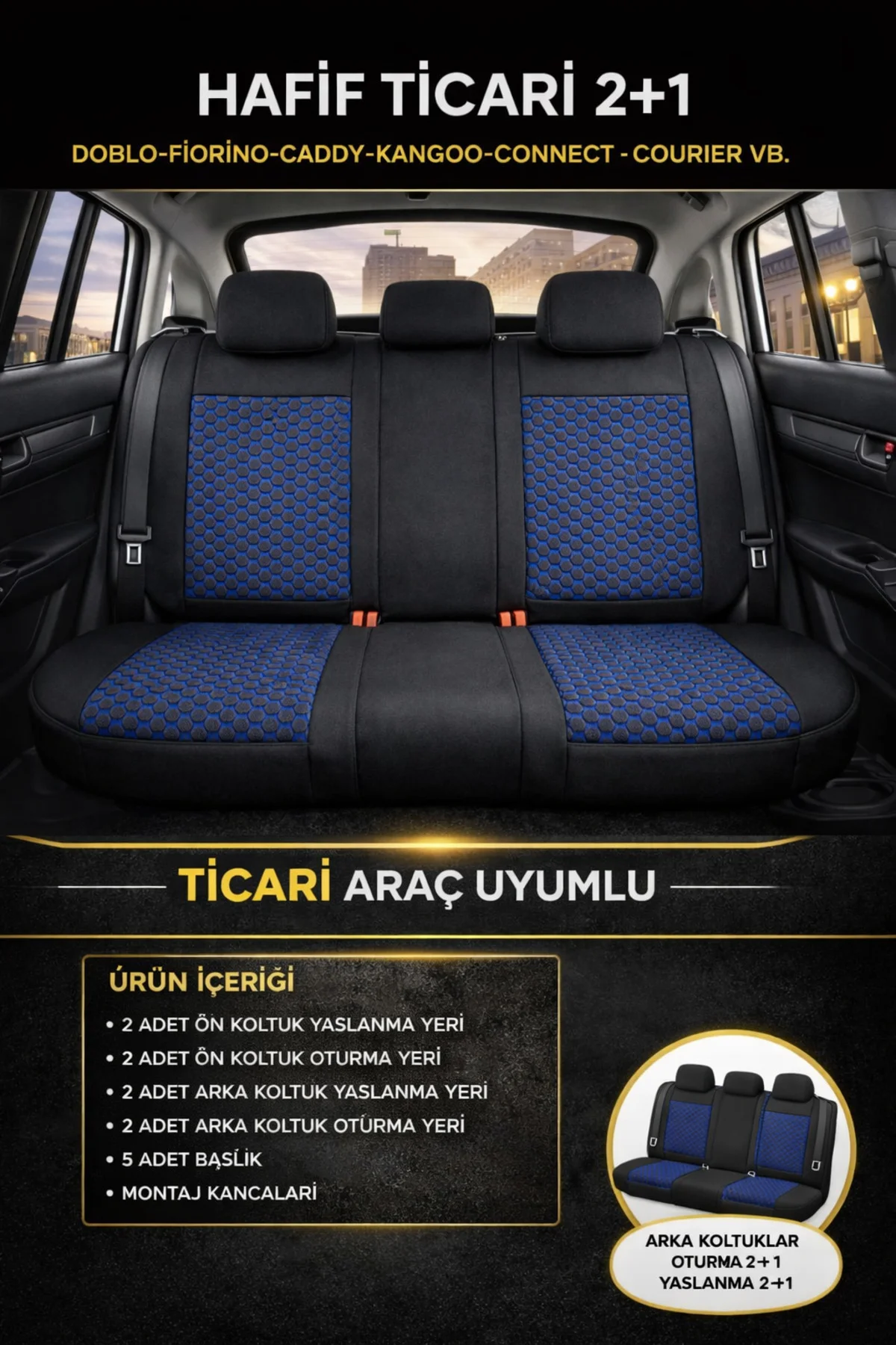 Volkswagen Polo Comfortline 2012-2017 2+1 Arka Sırt Oturak Uyumlu Altay Serisi Siyah Mavi Koltuk Kıl