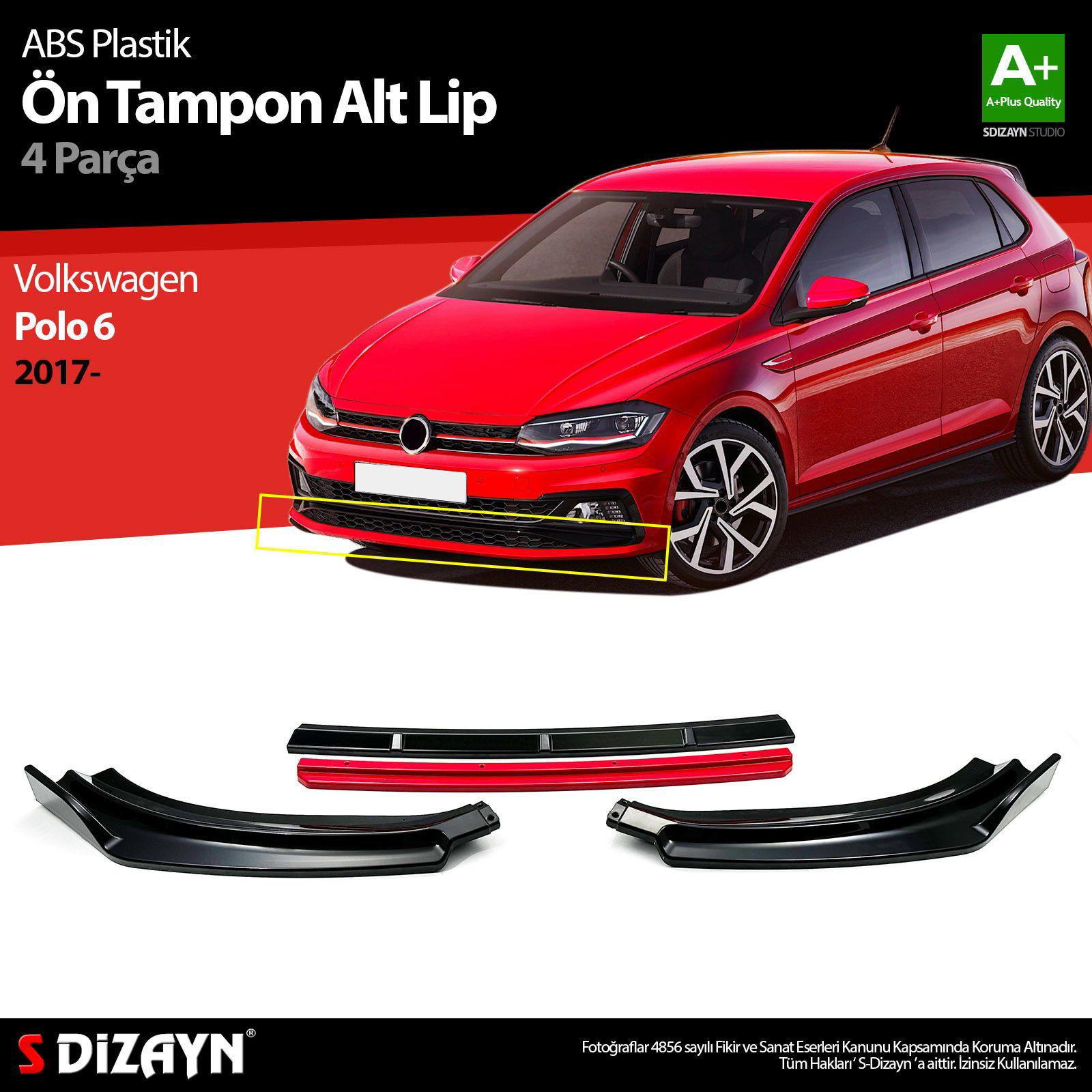 Volkswagen Polo Uyumlu 6 ABS Plastik Ön Tampon Alt Lip Kırmızı Ek
