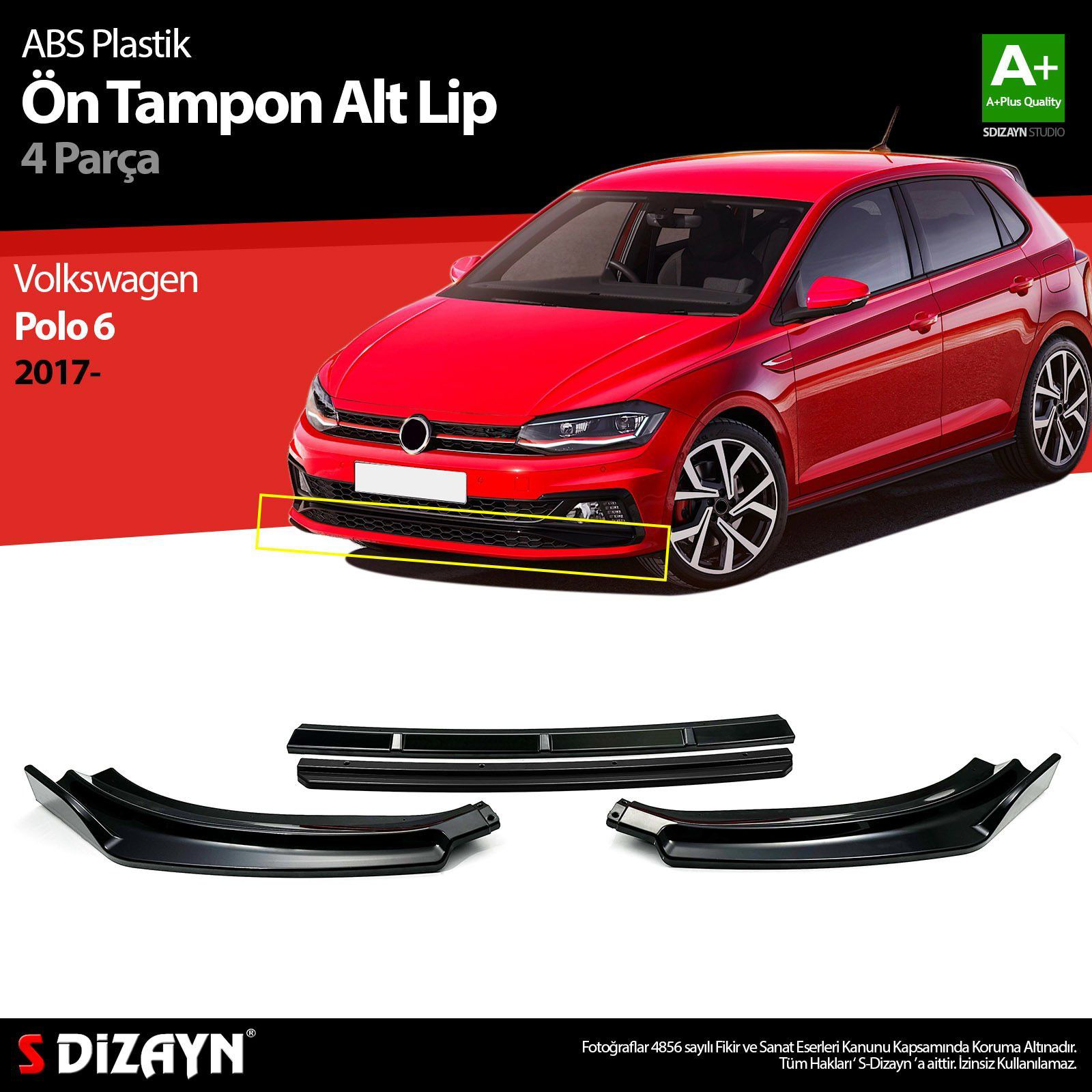 Volkswagen Polo Uyumlu 6 ABS Plastik Ön Tampon Alt Lip Siyah Ekli