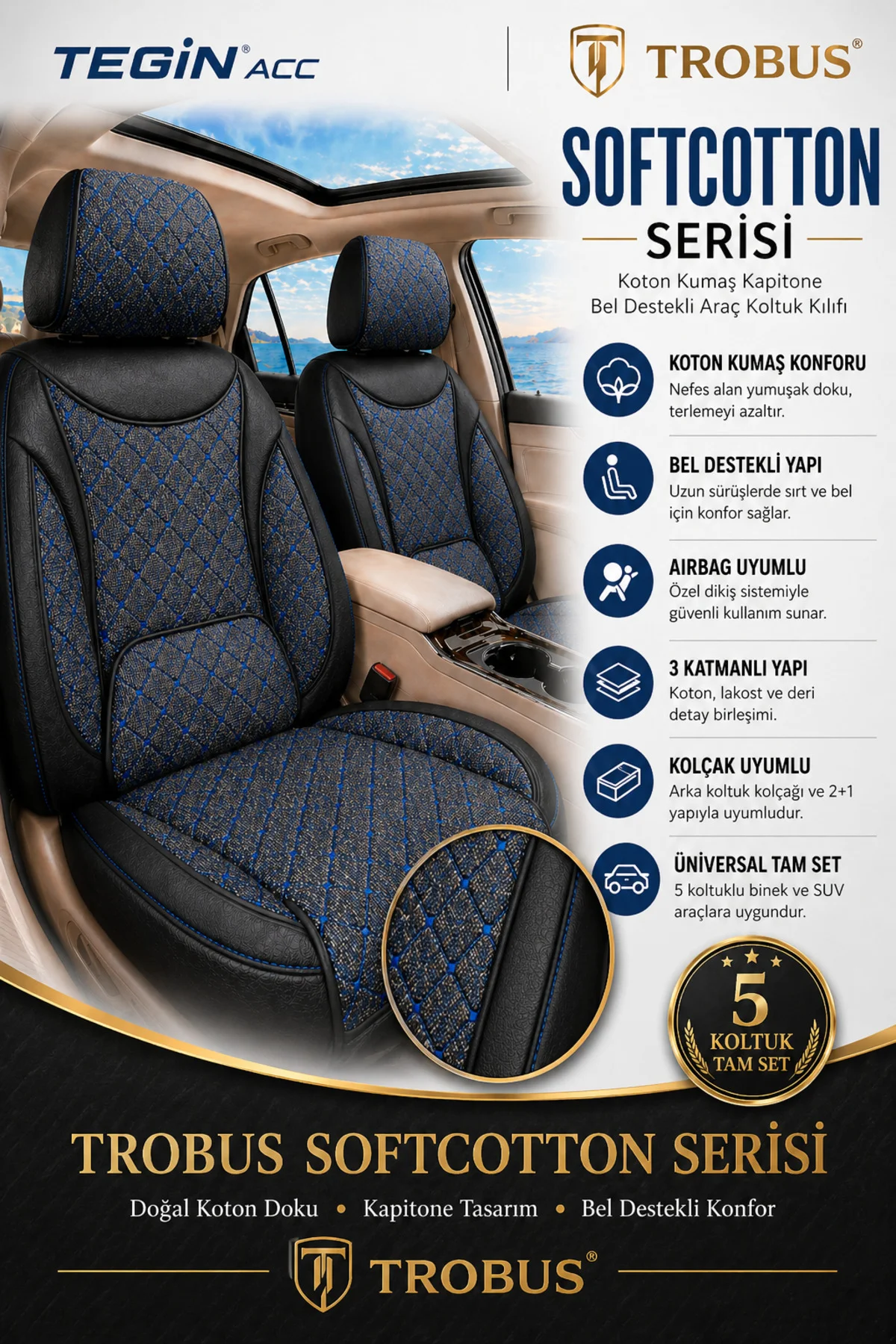 Volkswagen T-Roc 2017 ve Sonrası Araca Uyumlu Koton Kumaş Kapiton Fiyatı, Yorumları ve Özellikleri