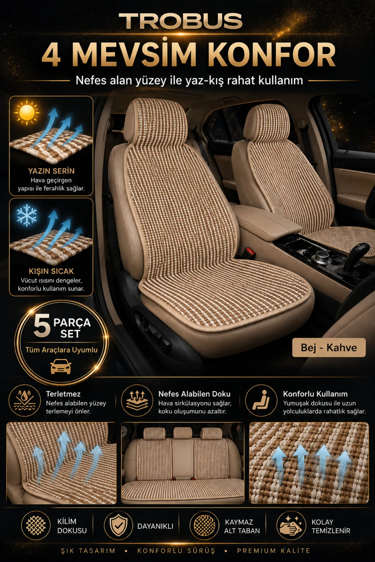 Volkswagen T-Roc 2017 ve Sonrası Uyumlu Premium Örme Kilim 5 Parça Minder Bej