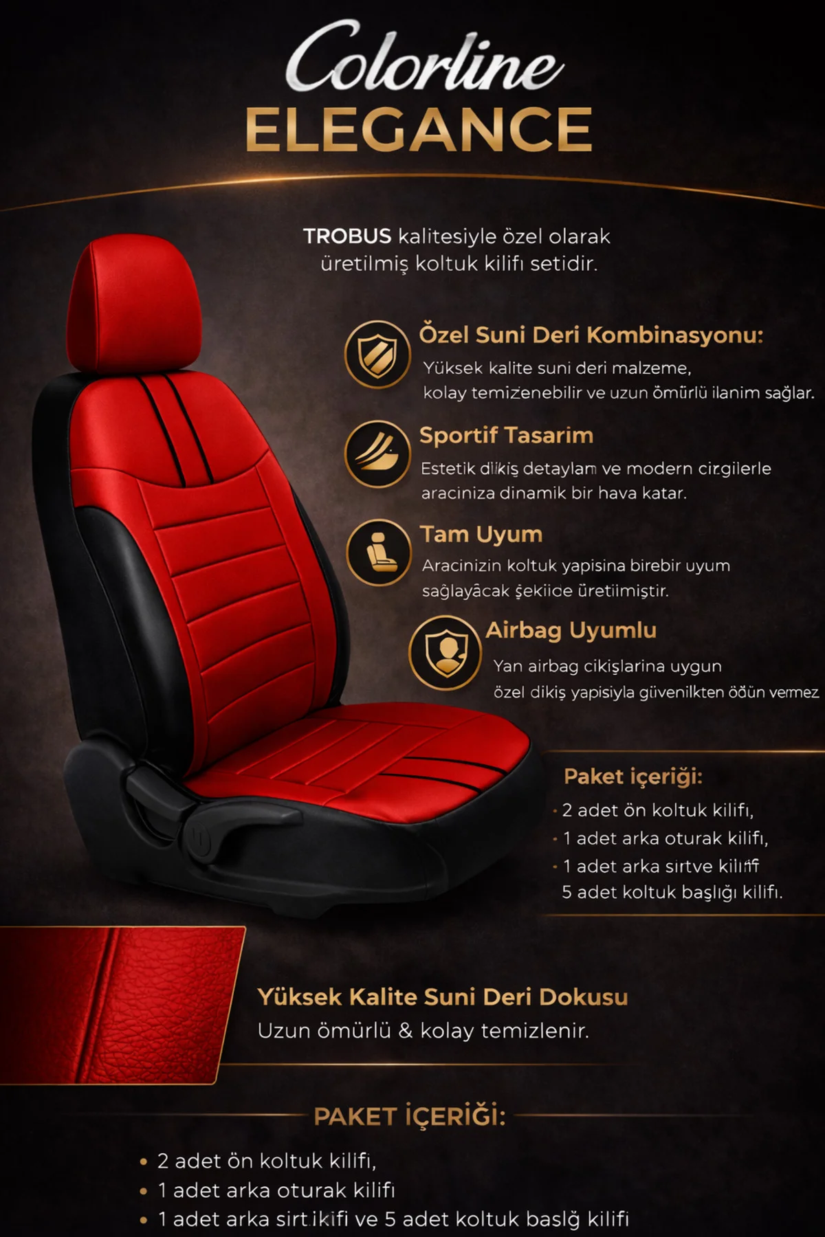 Volkswagen T-Roc 2017 ve Sonrası Uyumlu Colorline Elegance Deri Kırmızı Siyah Koltuk Kılıfı