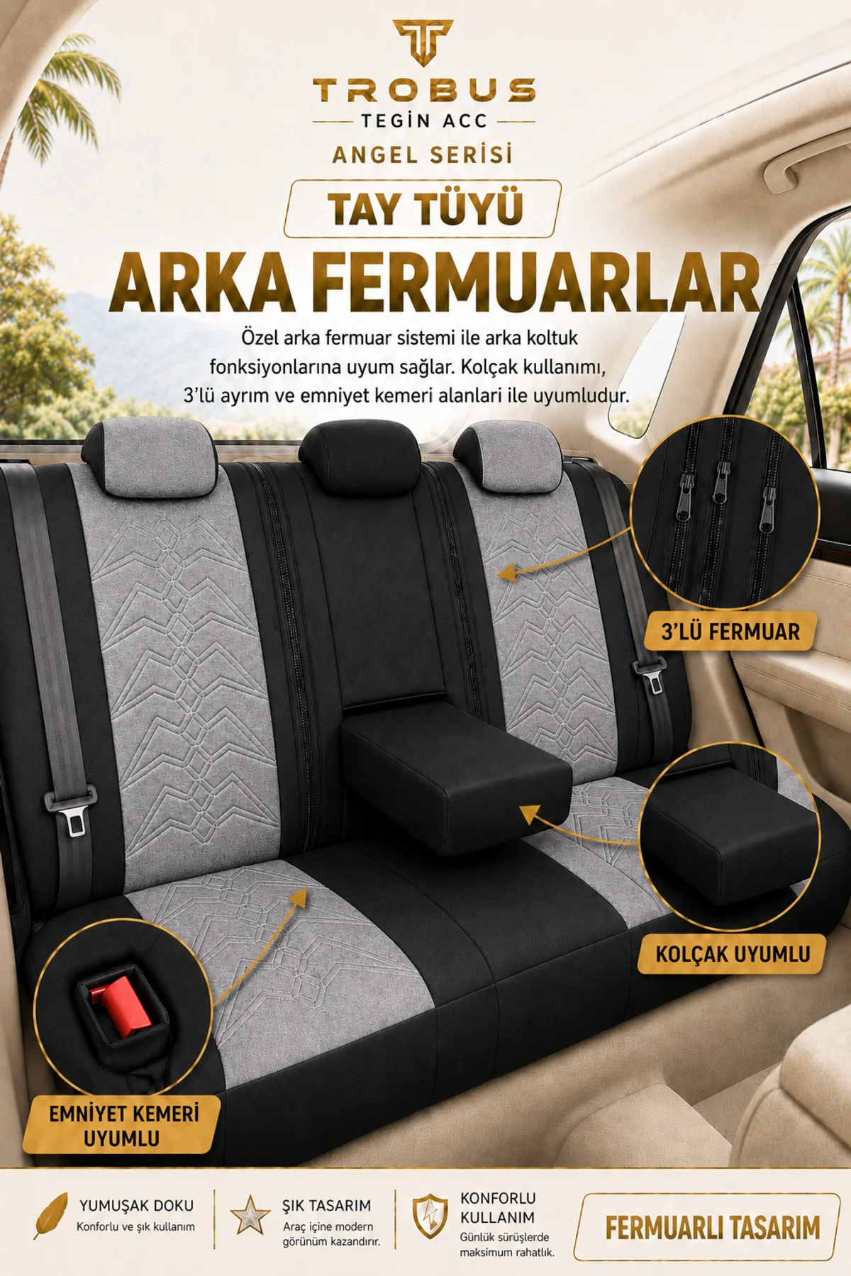 Volkswagen Taigo 2022 ve Sonrası Uyumlu Angel Serisi Tay Tüyü Koltuk Kılıfı Gri Siyah