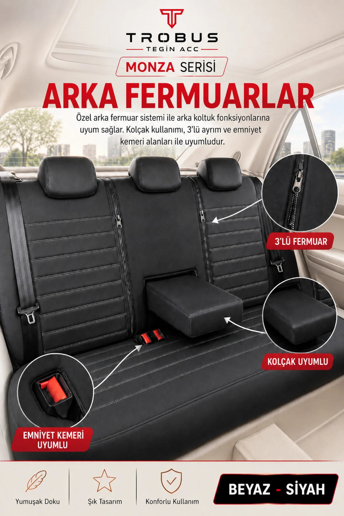 Volkswagen Tiguan 2008-2015 Uyumlu Monza Serisi Tay Tüyü Oto Koltuk Kılıfı Siyah Beyaz