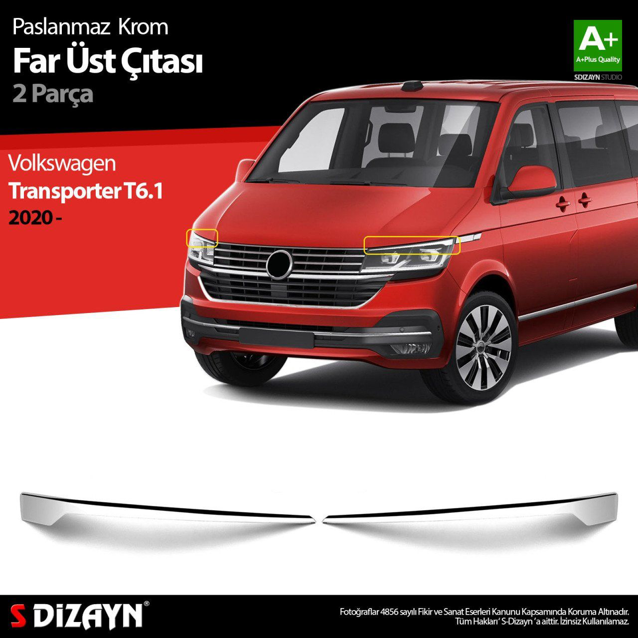 Volkswagen Transporter Uyumlu T6.1 Krom Far Üst Çıtası 2 Parça. 2