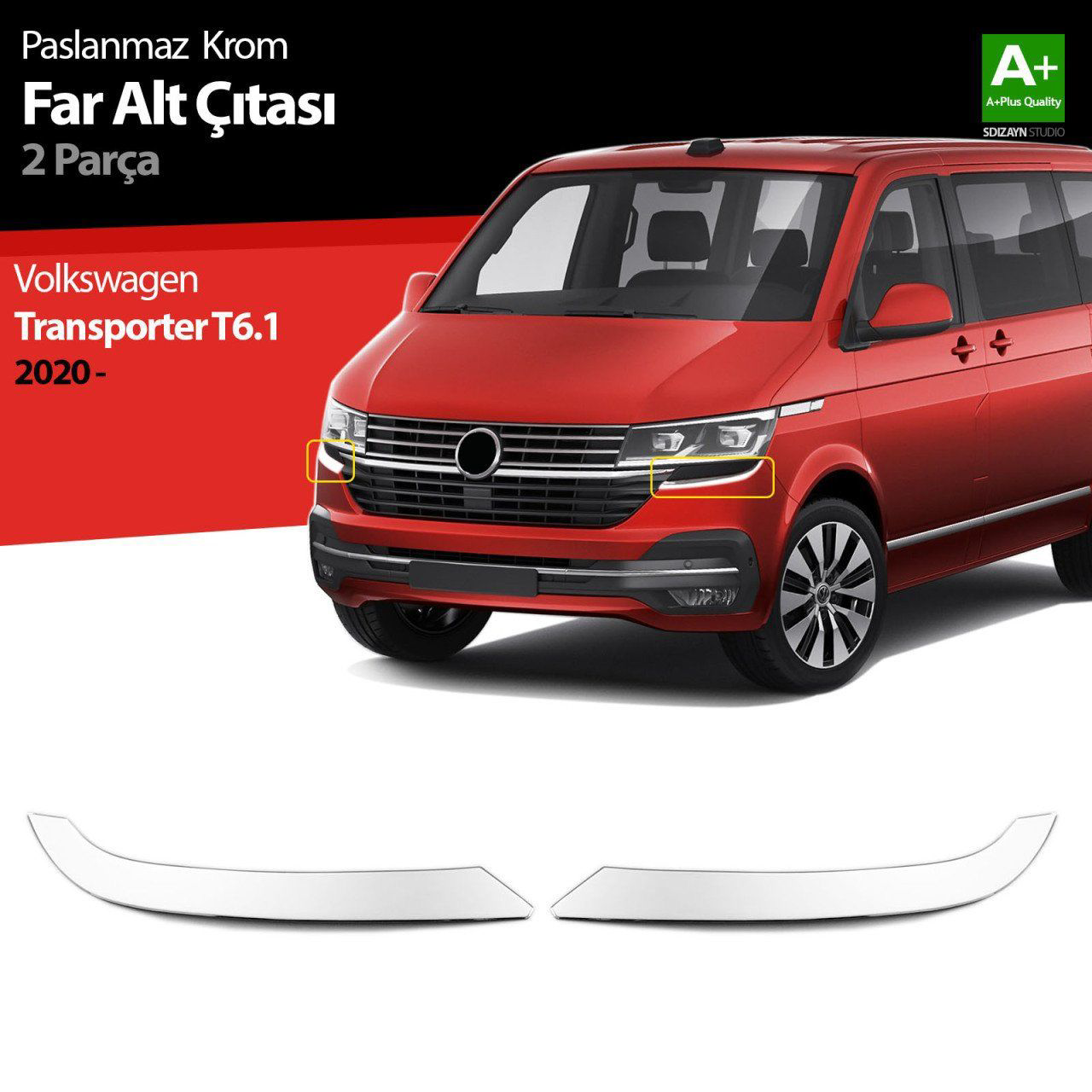 Volkswagen Transporter Uyumlu T6.1 Krom Far Alt Çıtası 2 Parça. 2