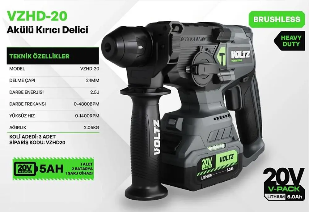 VOLTZ VZHD-20 Akülü Kırıcı Delici Matkap 20V-5Ah