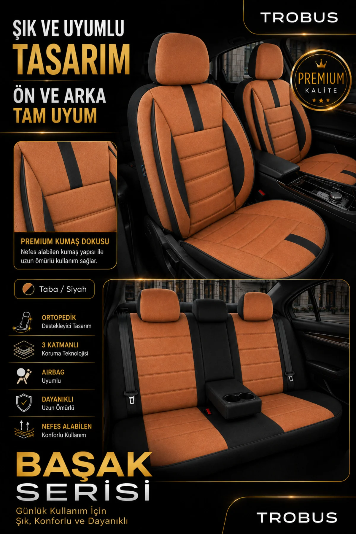 Volvo S 80 Oto Koltuk Kılıfı 2018 ve Sonrası Taba Başak Serisi Tay Tüyü Tam Set