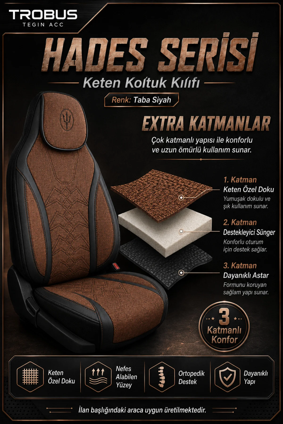 Volvo S40 2012-2016 Uyumlu Hades Serisi Keten Oto Koltuk Kılıfı Taba Siyah Fiyatı, Yorumları ve Özellikleri