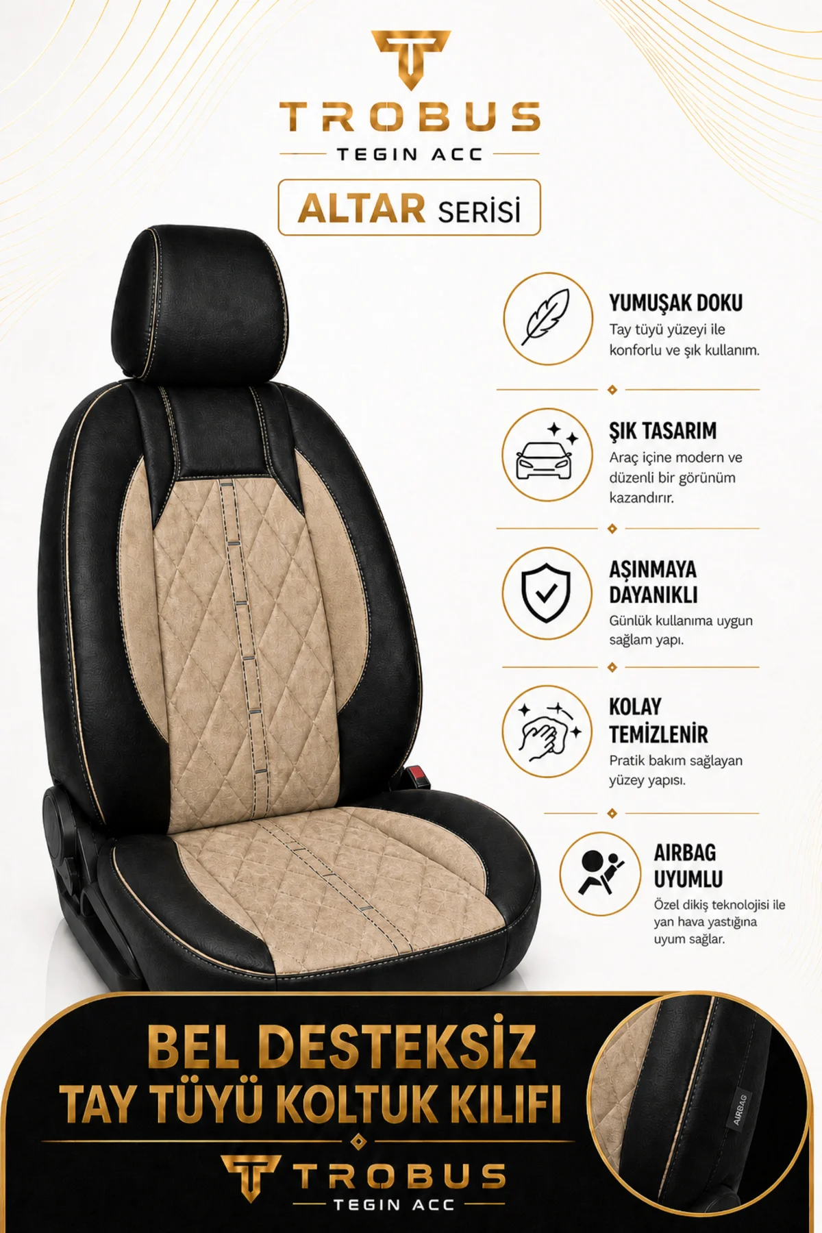 Volvo S40 2012-2016 Uyumlu Altar Serisi Tay Tüyü Bej Siyah Premium Koltuk Kılıfı