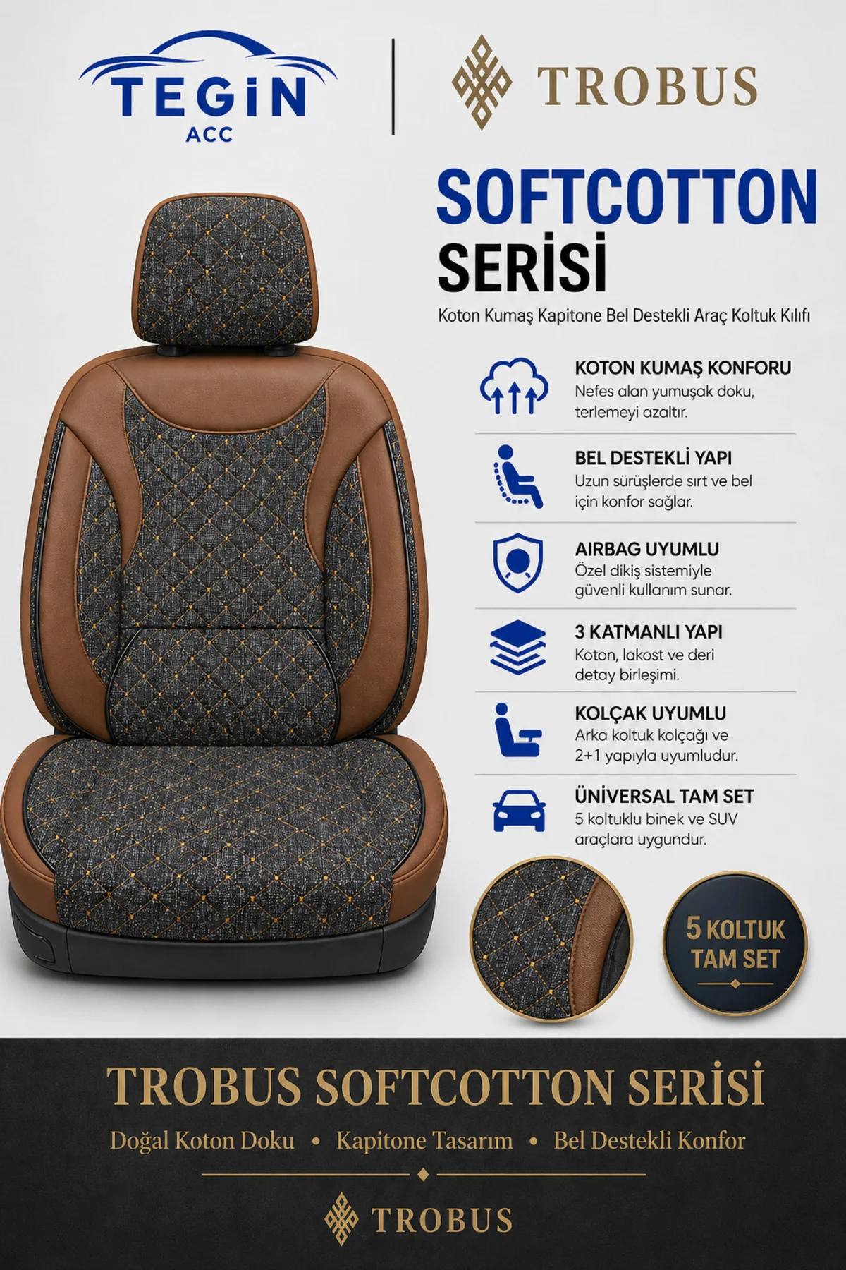 Volvo S40 2012-2016 Uyumlu SoftCotton Serisi Pamuklu Oto Koltuk Kılıfı Taba Fiyatı, Yorumları ve Özellikleri