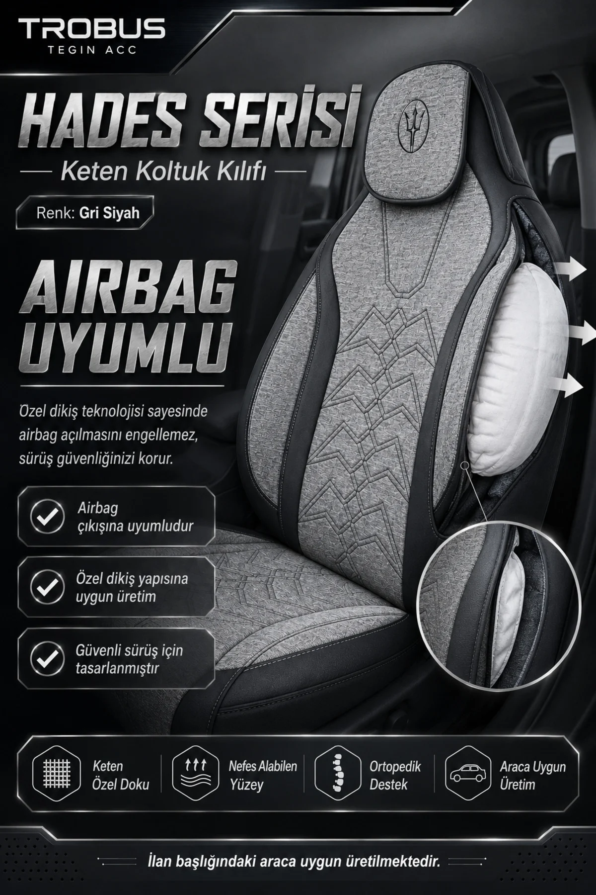 Volvo S70 1996-2001 Uyumlu Hades Serisi Keten Oto Koltuk Kılıfı Gri Siyah
