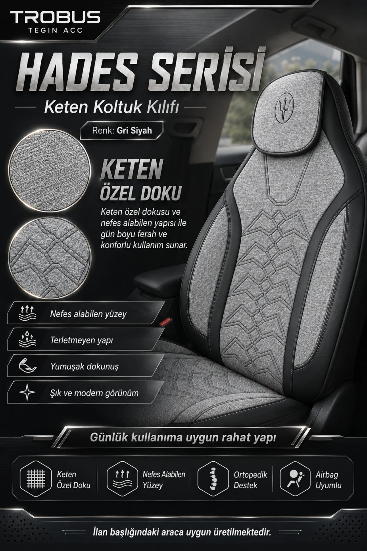 Volvo S70 1996-2001 Uyumlu Hades Serisi Keten Oto Koltuk Kılıfı Gri Siyah