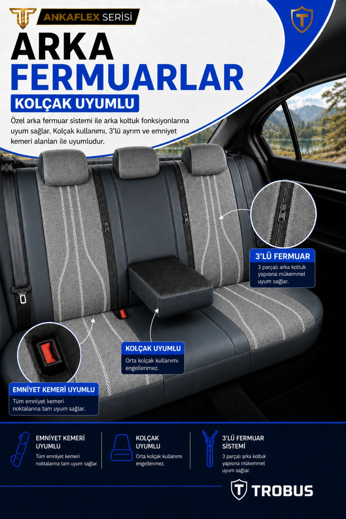 Volvo S70 1996-2001 Uyumlu ANKAFLEX Bel Destekli Keten Deri Gri Siyah Koltuk Kılıfı